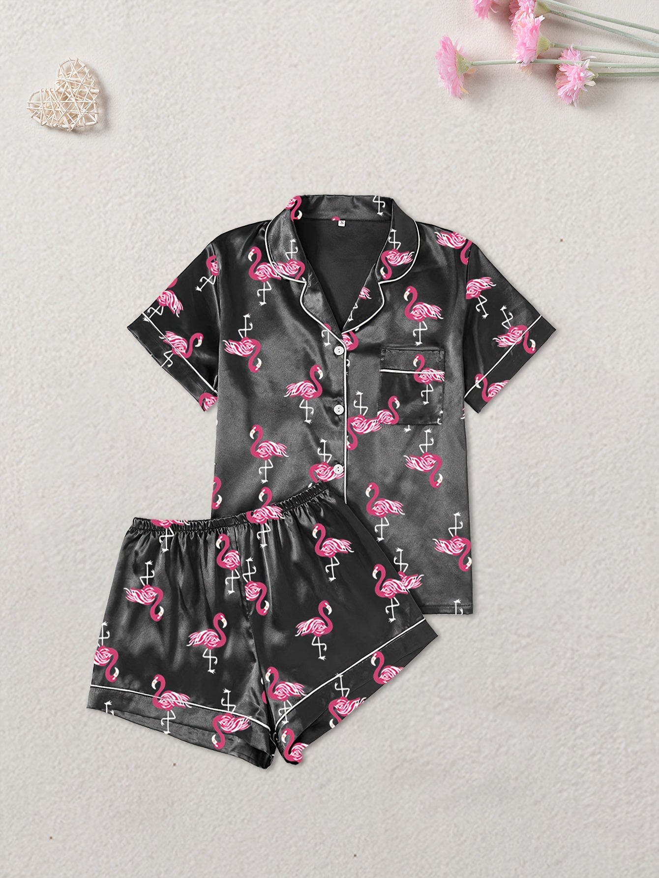 Women's Satin Flamingo Print Nightwear Set – Pack of 3 (Pink, Black & Silver)