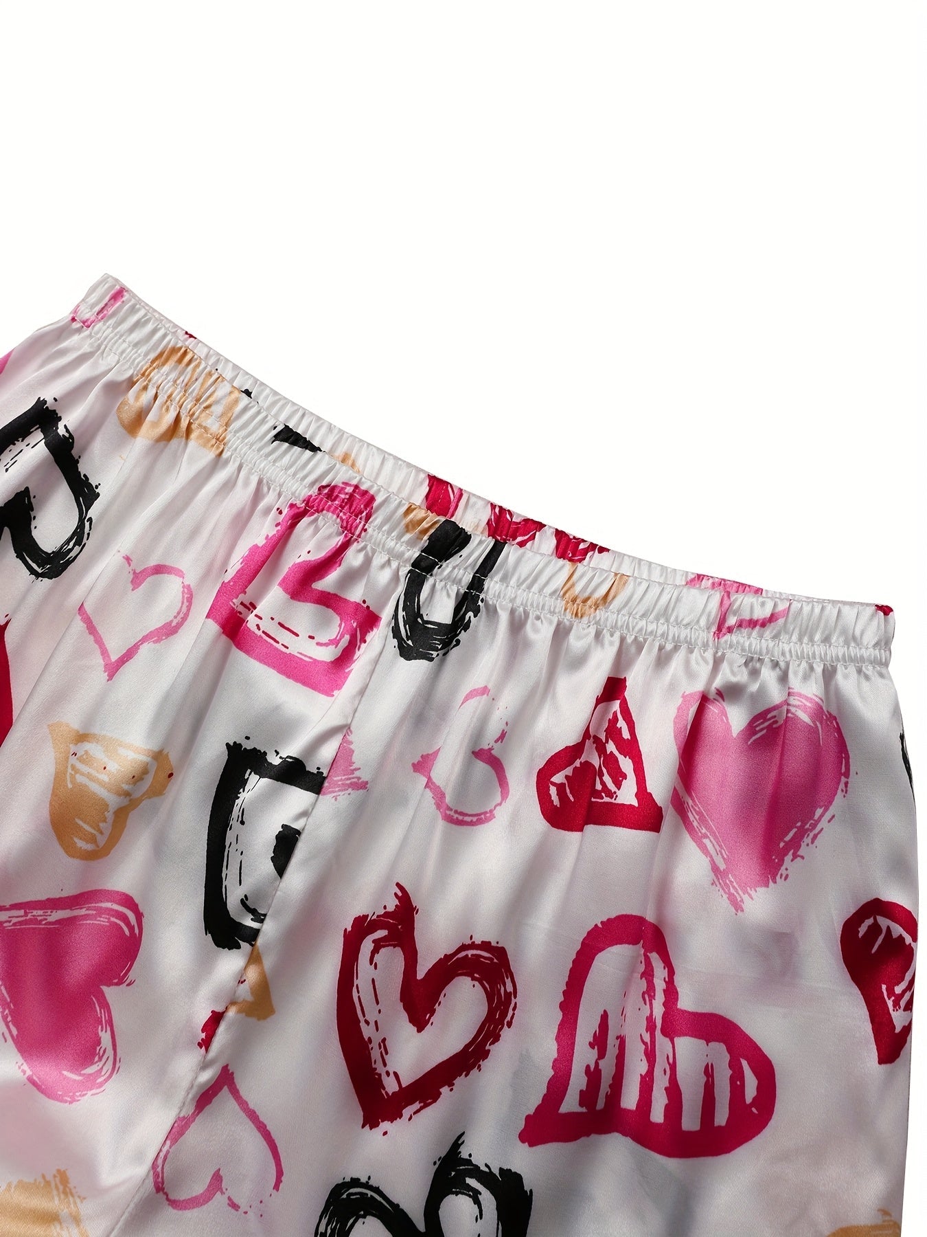 Women’s Satin Printed Heart Nightwear Set – Pack of 2 (Short Sleeve & Shorts Combo)
