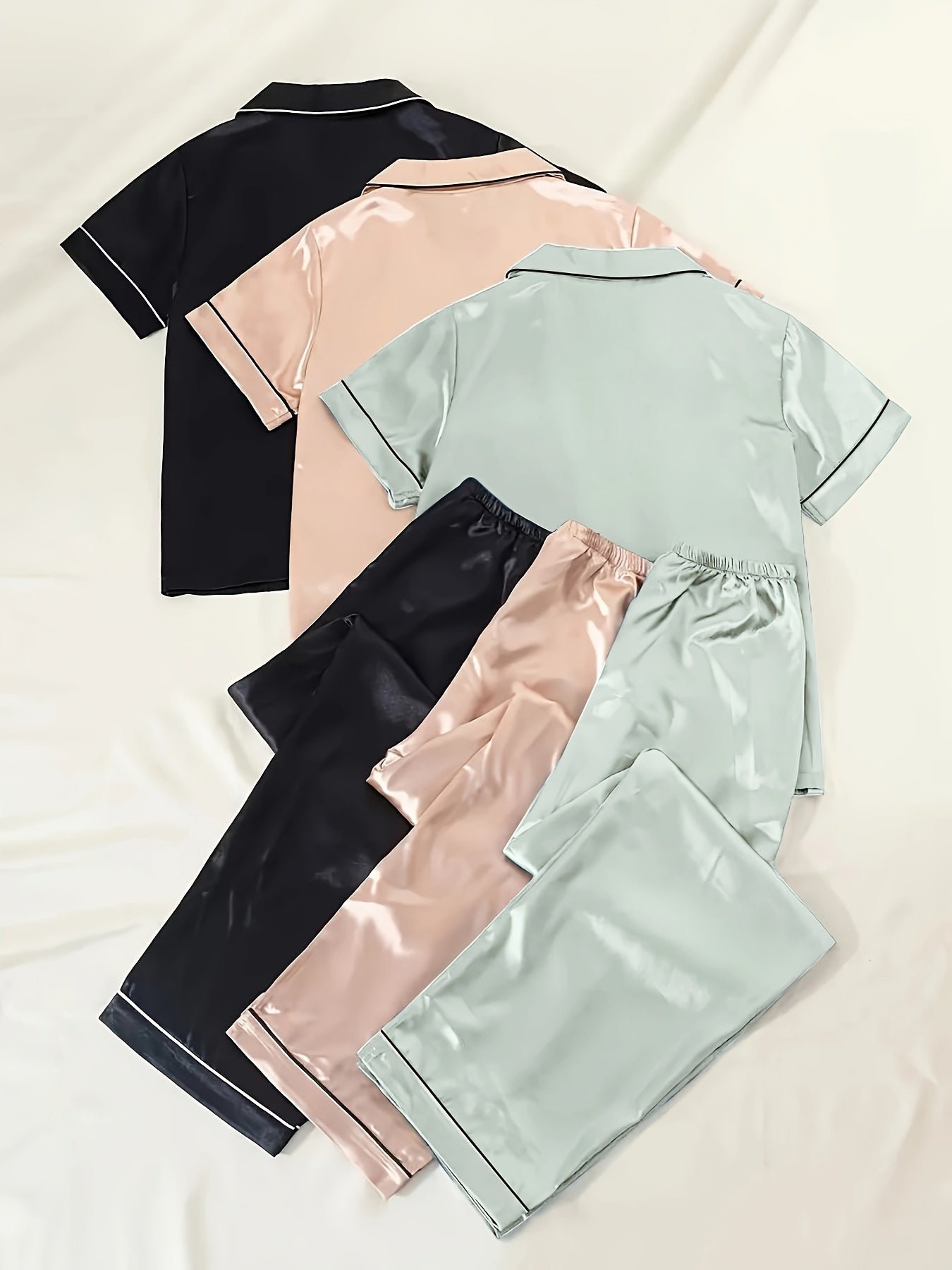 Women's Satin Night Suit Set – Pack of 3 (Black, Peach & Mint Green) | Short Sleeve Pajama Combo