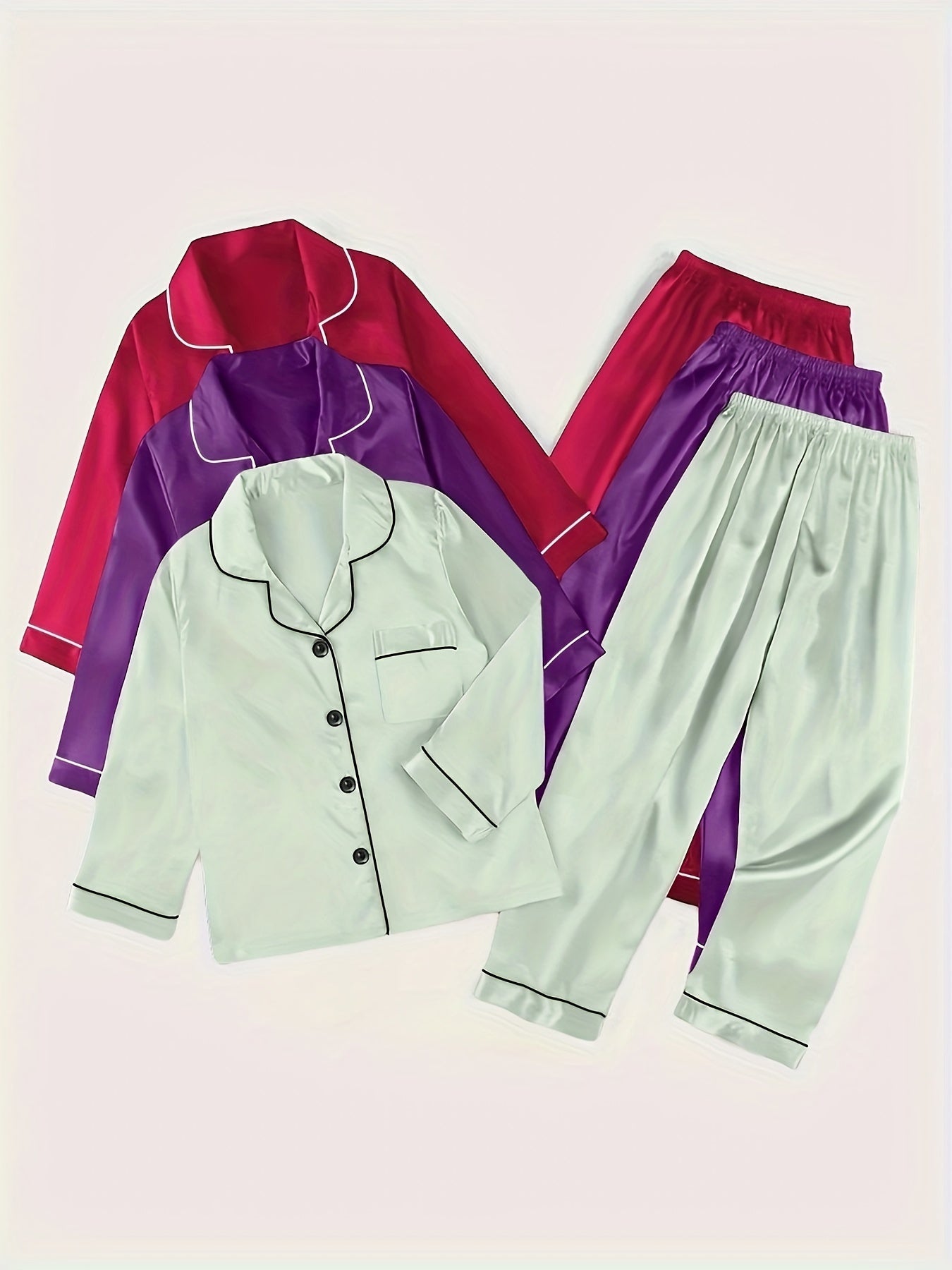 Women’s Satin Full Sleeve Night Suit – Pack of 3 (Red, Purple & Mint Green)