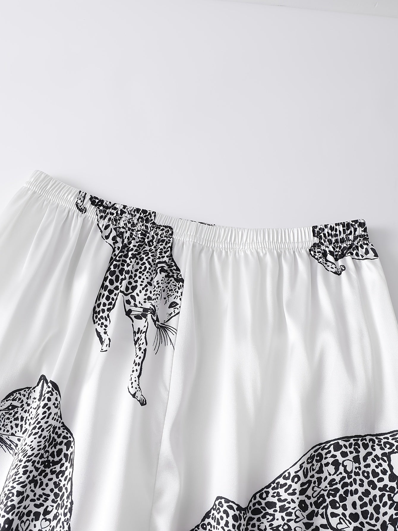 Women’s Premium Satin Night Suit Set – Pack of 2 (Black & White Leopard Print)