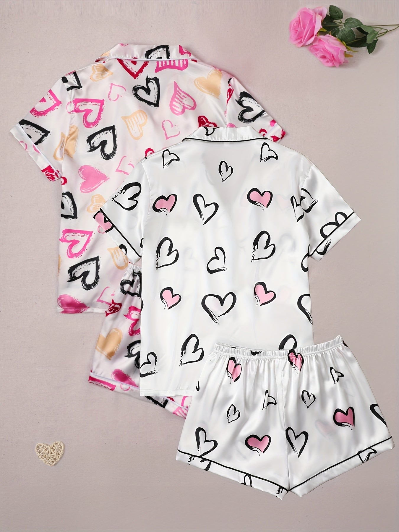 Women’s Satin Printed Heart Nightwear Set – Pack of 2 (Short Sleeve & Shorts Combo)
