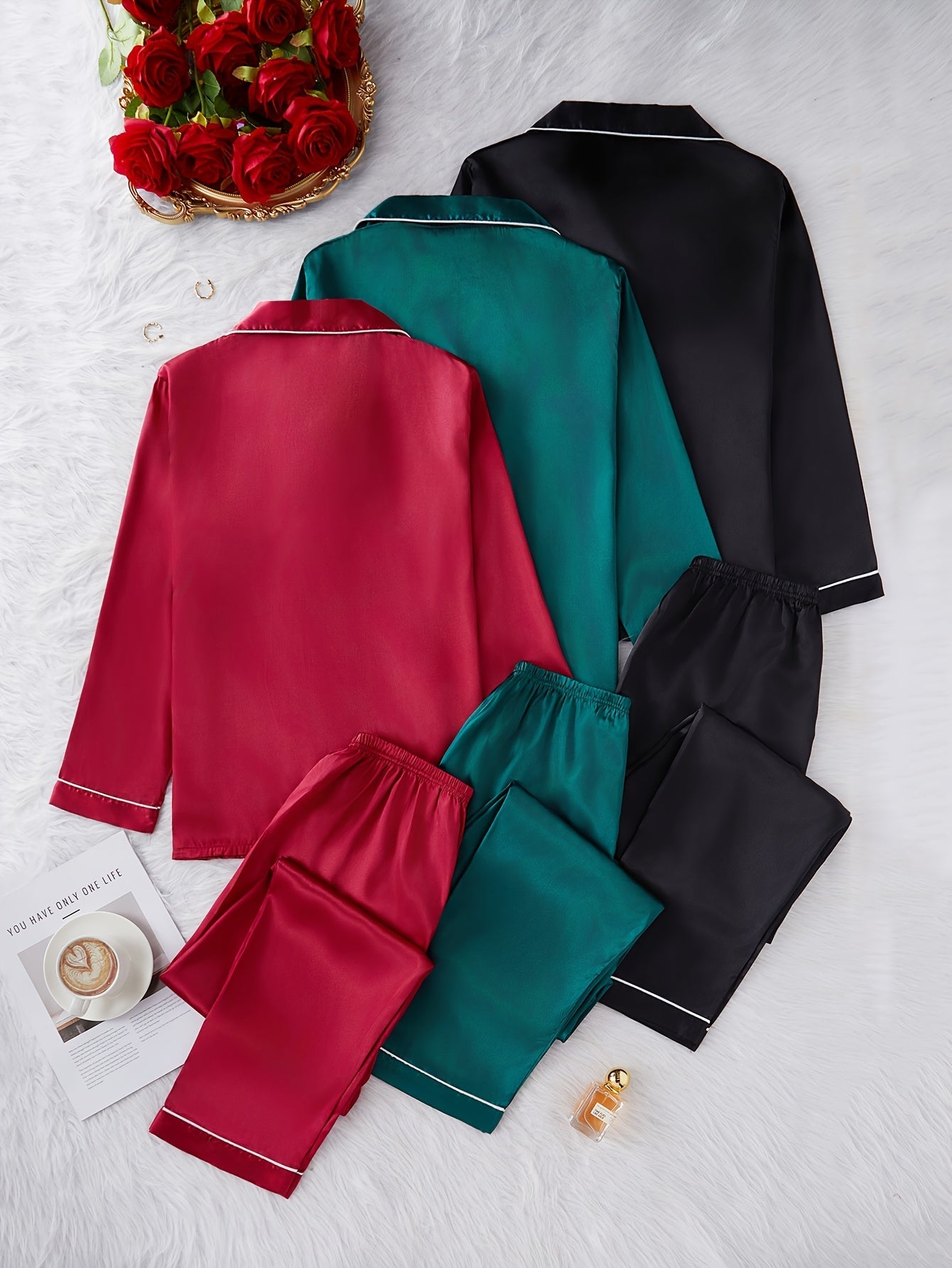 Women’s Premium Satin Night Suit Set – Pack of 3 (Wine Red, Teal Green & Black)