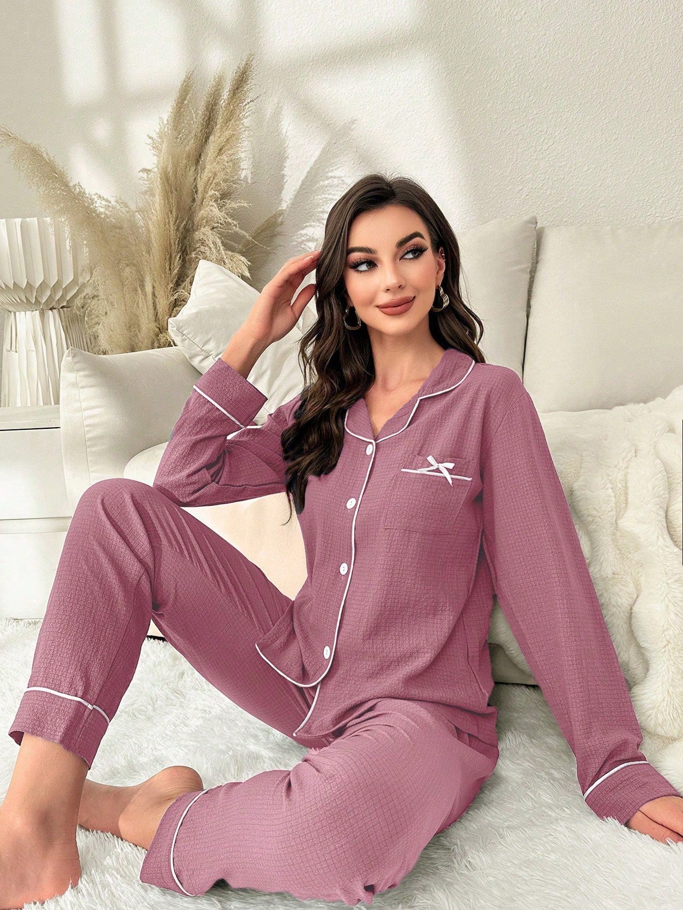 Rolled Edge & Bowknot Detail Pajamas Set (Pack of 3 Sets)