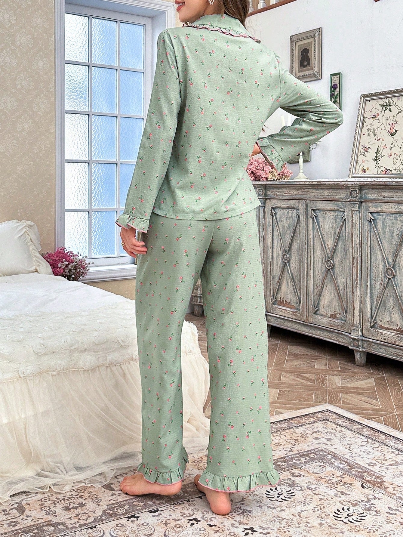 Ditsy Floral Print Ruffle Trim Open Front Pajama Set(Pack of 3 Sets)