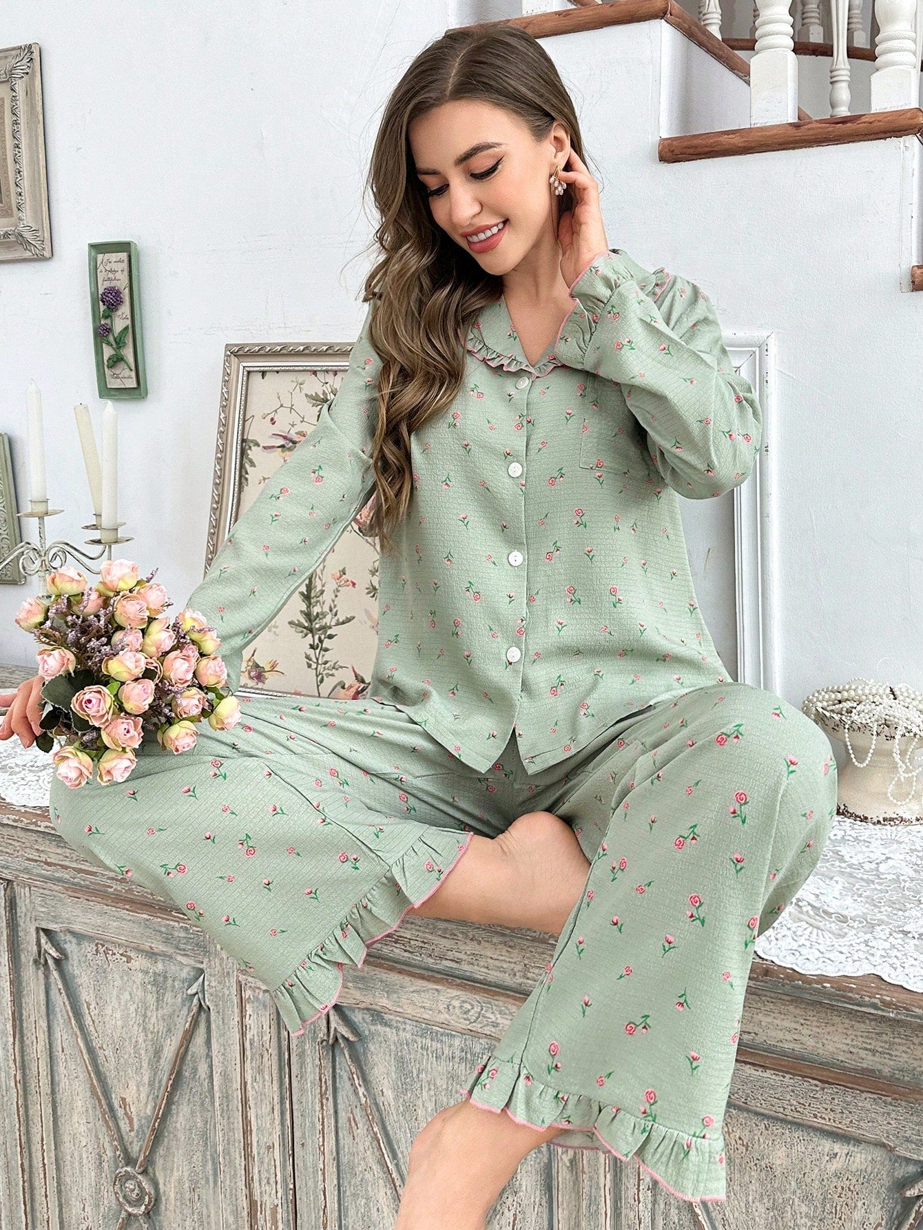 Ditsy Floral Print Ruffle Trim Open Front Pajama Set(Pack of 3 Sets)