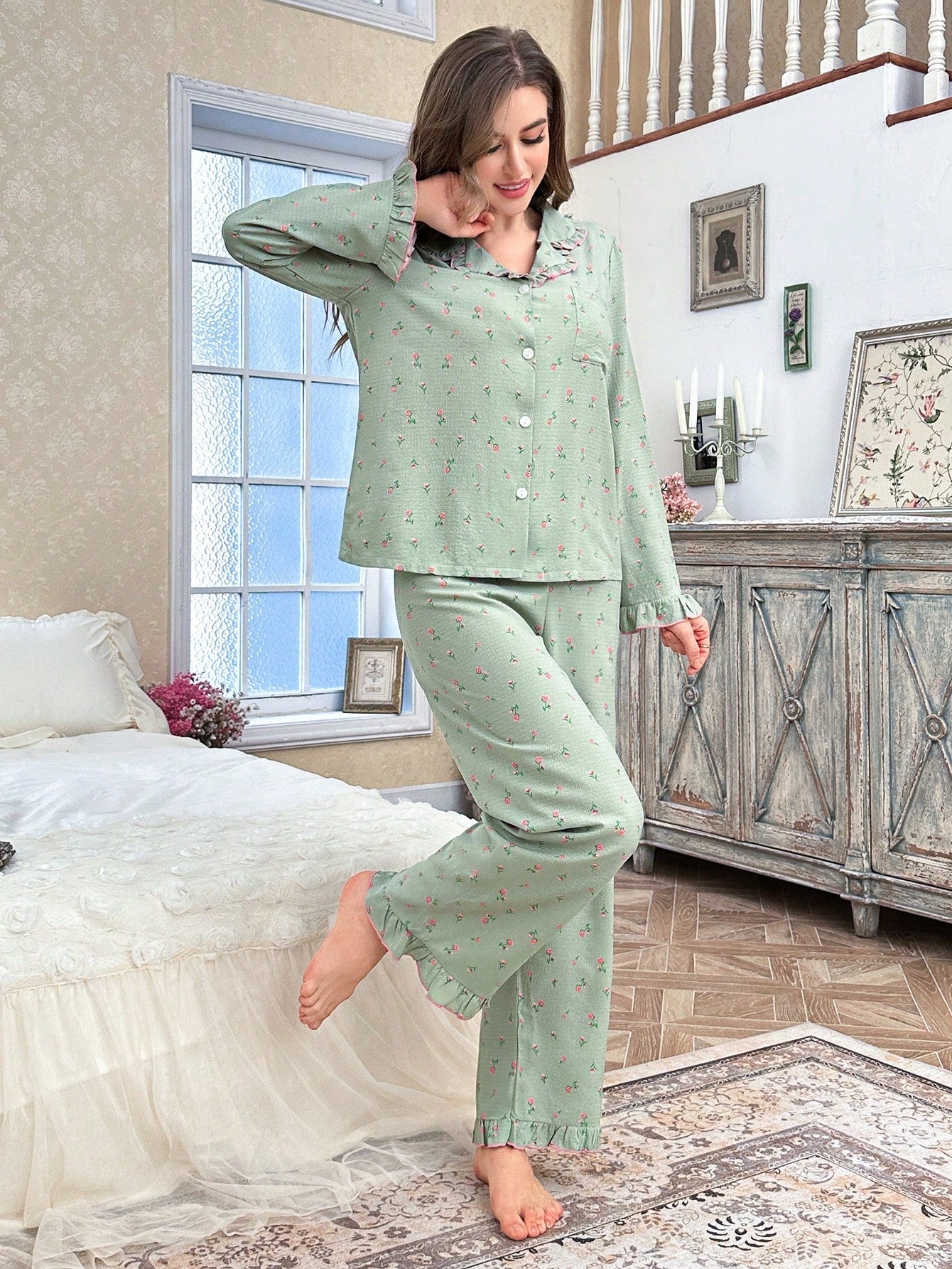 Ditsy Floral Print Ruffle Trim Open Front Pajama Set(Pack of 3 Sets)