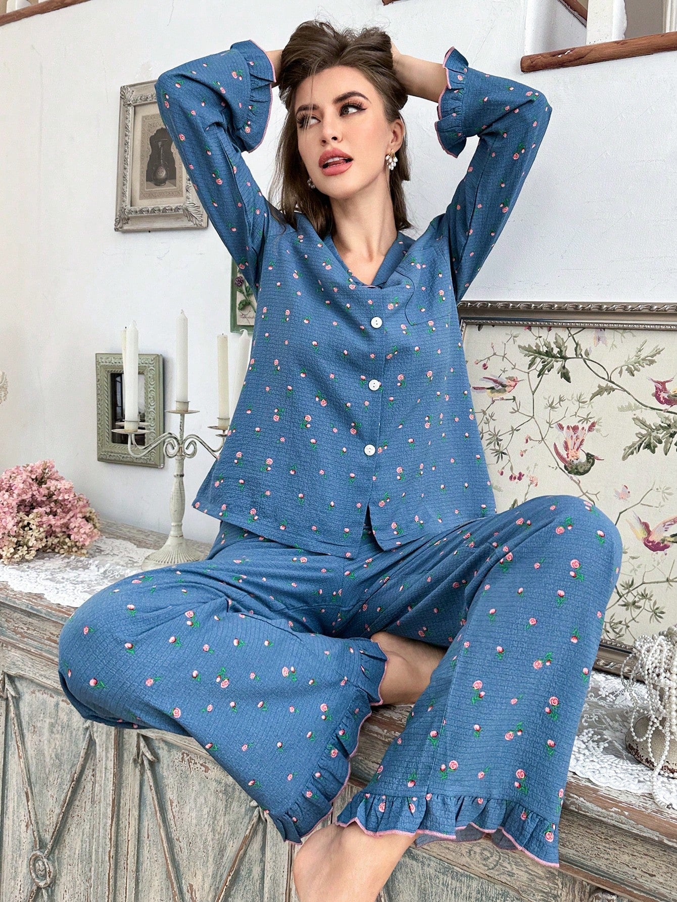 Ditsy Floral Print Ruffle Trim Open Front Pajama Set(Pack of 3 Sets)