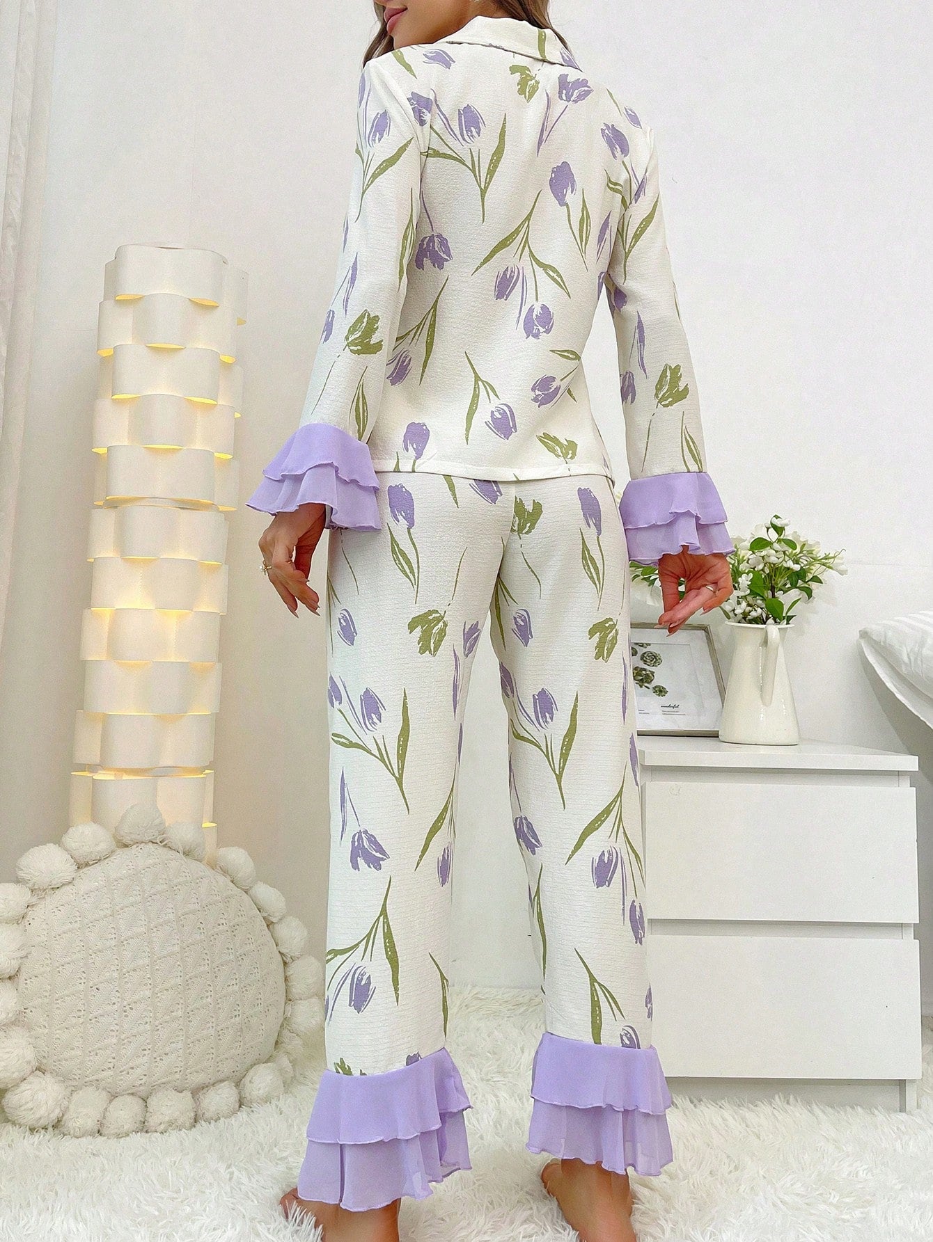 Print Patchwork Ruffle Trim Decorated Pajama Set (Pack of 3 Sets)