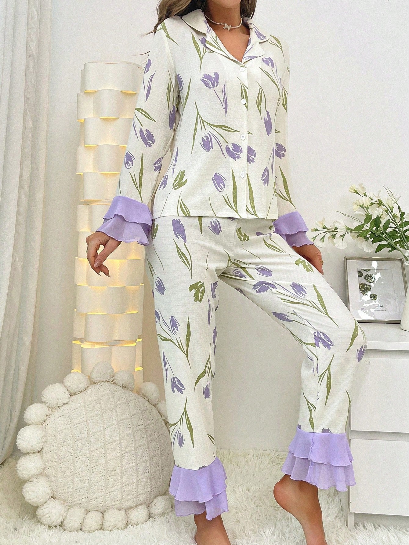 Print Patchwork Ruffle Trim Decorated Pajama Set (Pack of 3 Sets)