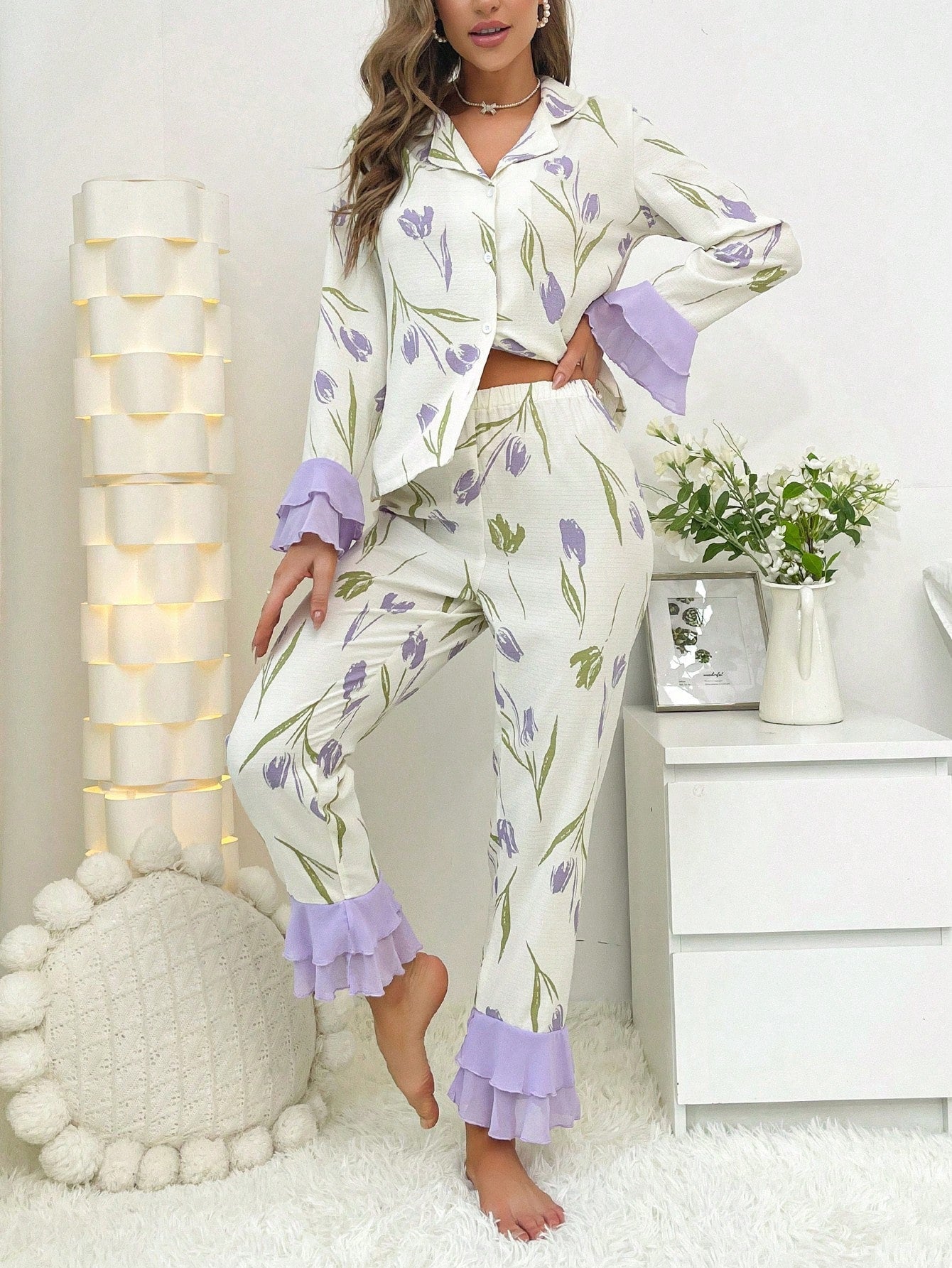 Print Patchwork Ruffle Trim Decorated Pajama Set (Pack of 3 Sets)