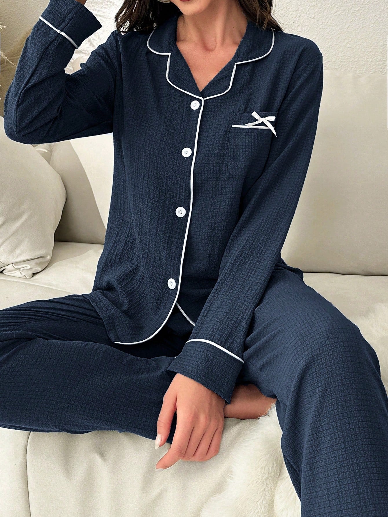 Rolled Edge & Bowknot Detail Pajamas Set (Pack of 3 Sets)