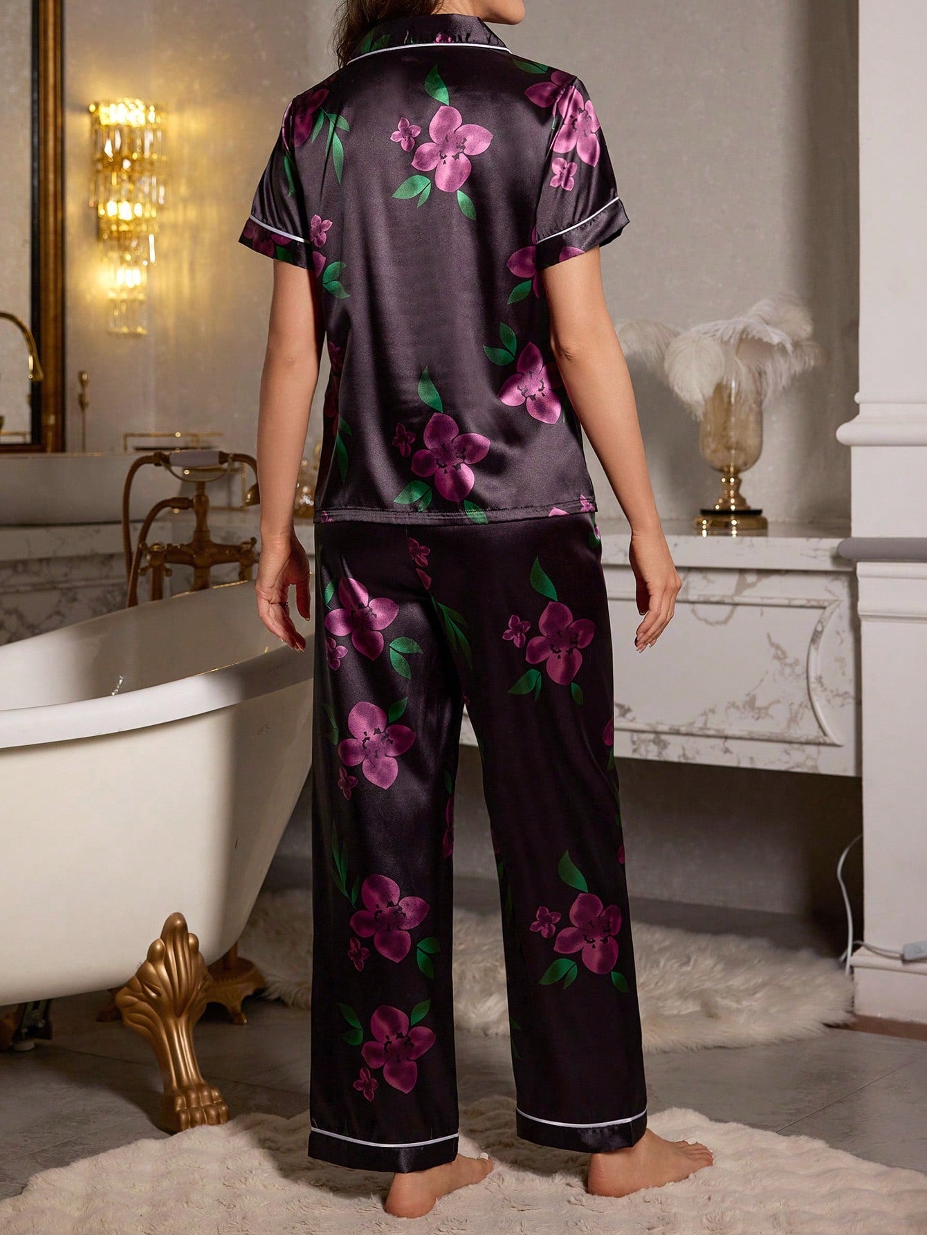 Contrast Trim Faux Silk Floral Print Short Pajama Set(Pack of 3 Sets)