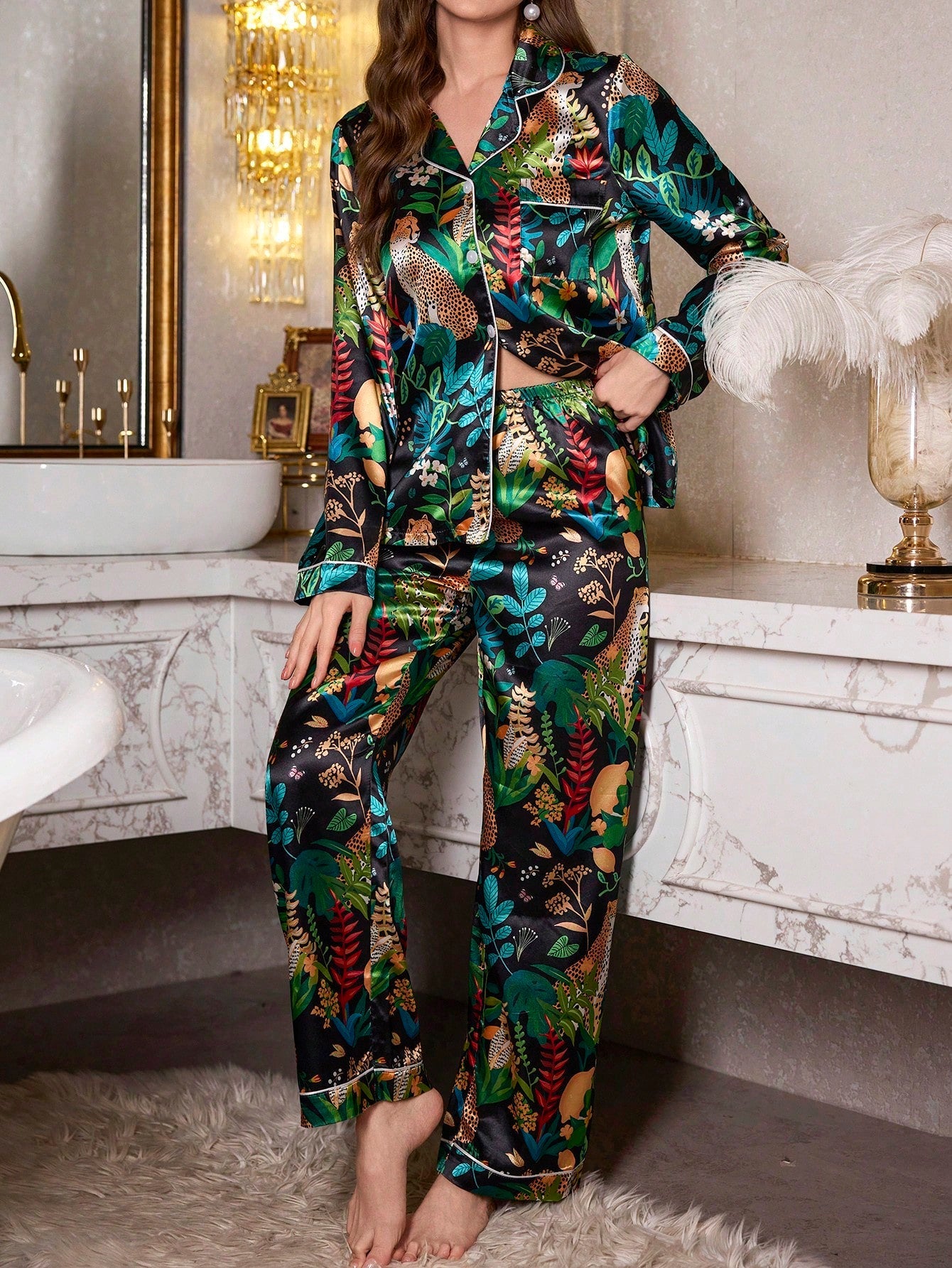 Contrast Trim Faux Silk Floral Print Short Pajama Set(Pack of 3 Sets)