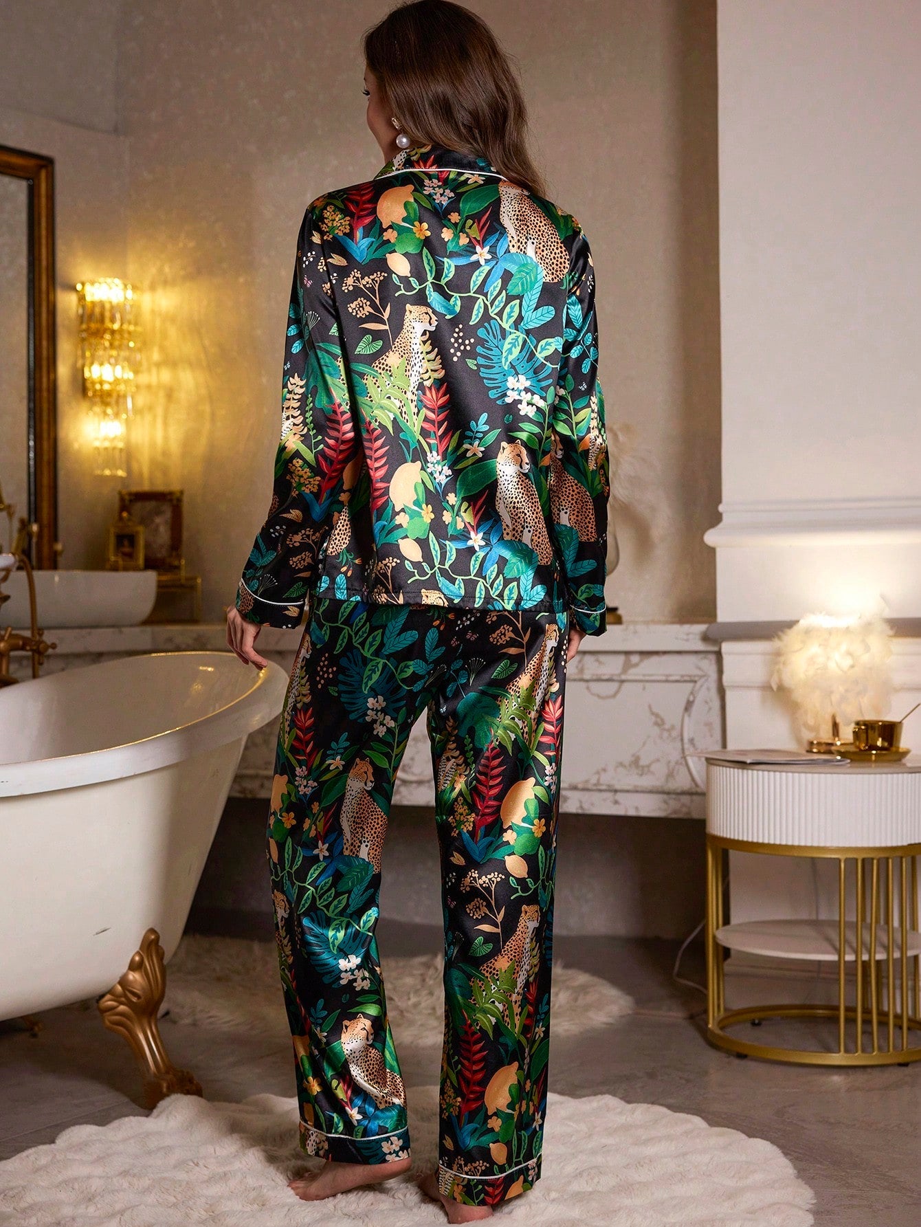 Contrast Trim Faux Silk Floral Print Short Pajama Set(Pack of 3 Sets)