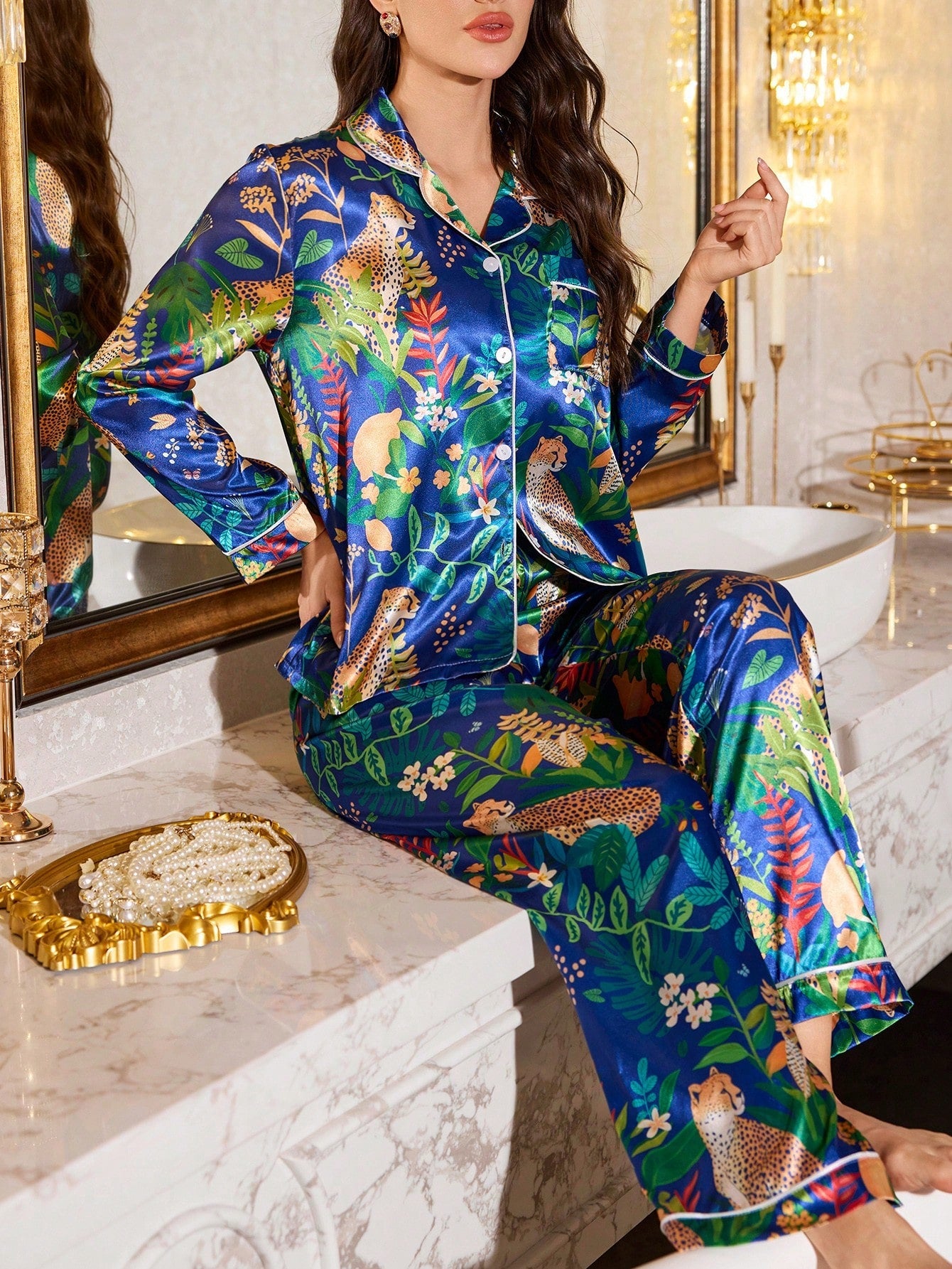 Contrast Trim Faux Silk Floral Print Short Pajama Set(Pack of 3 Sets)