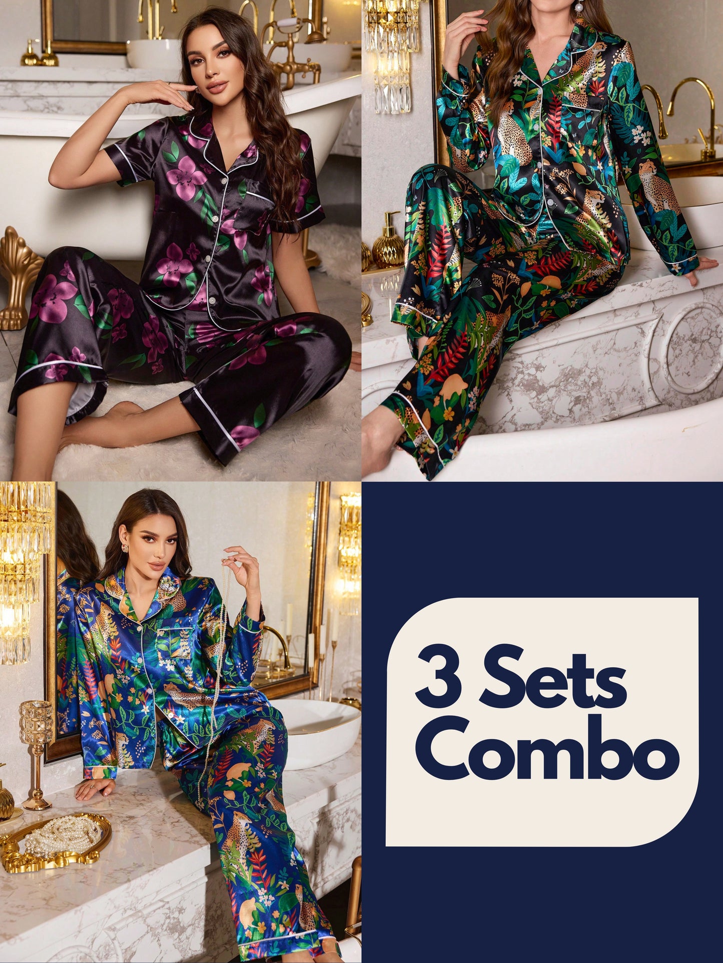 Contrast Trim Faux Silk Floral Print Short Pajama Set(Pack of 3 Sets)