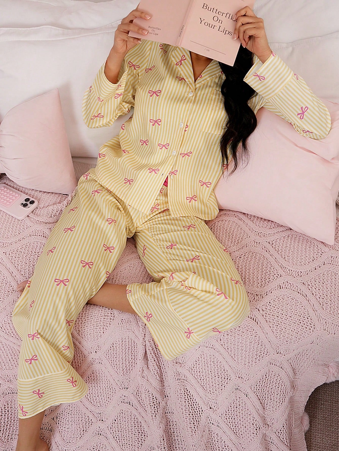 Bow Striped Women Pajama Set (Pack of 3 Sets)