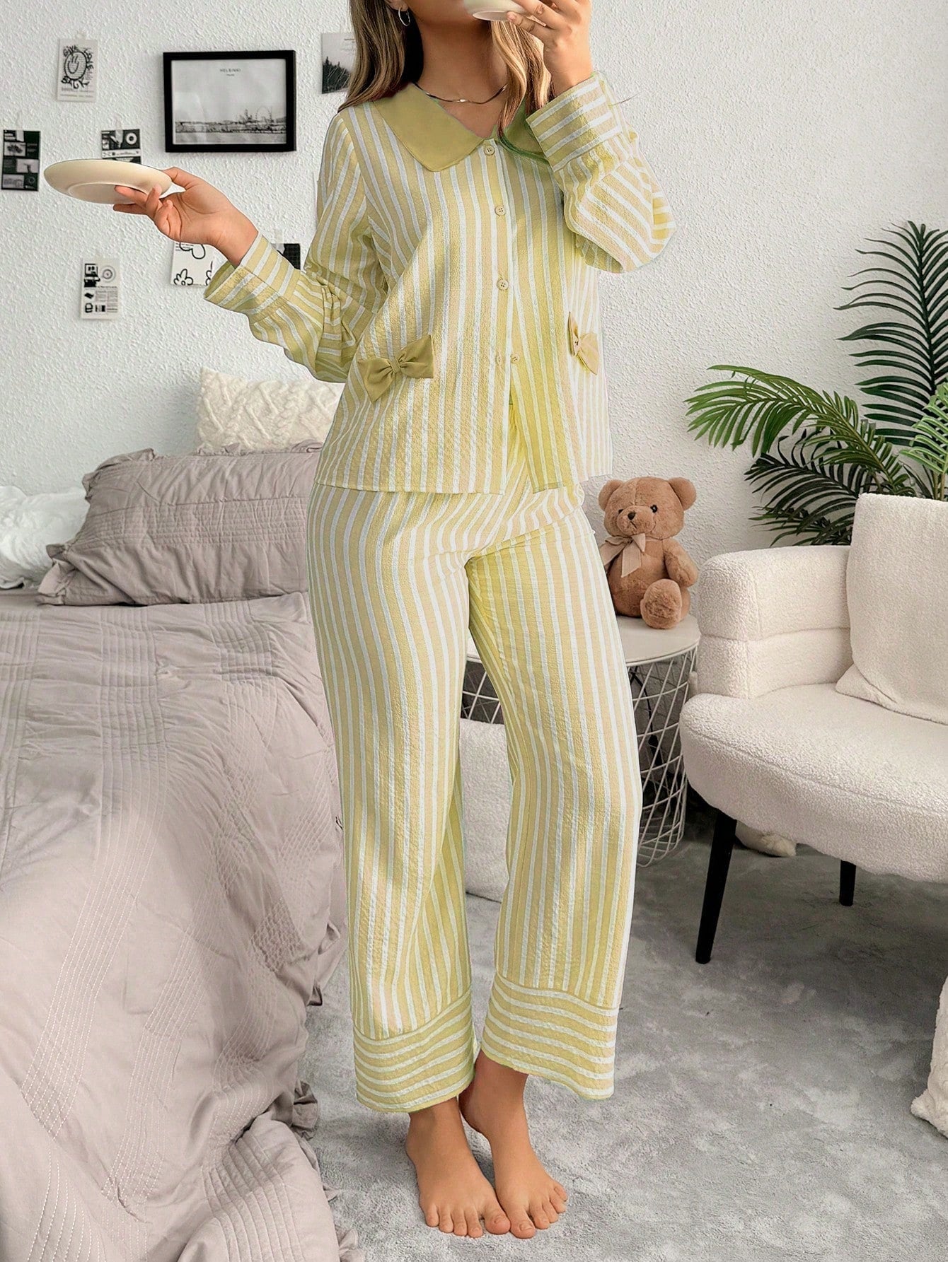 Contrast Color Stripe Cardigan Women Pajama Set (Pack of 3 Sets)