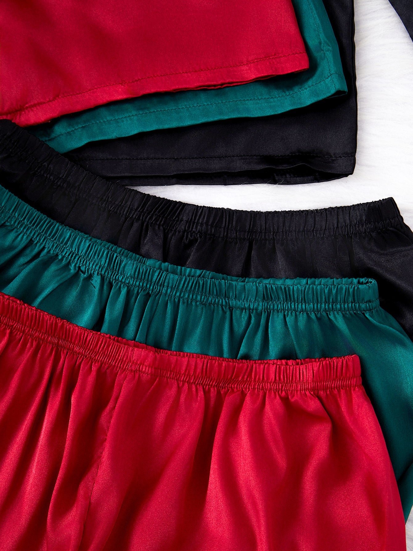 Women’s Premium Satin Night Suit Set – Pack of 3 (Wine Red, Teal Green & Black)