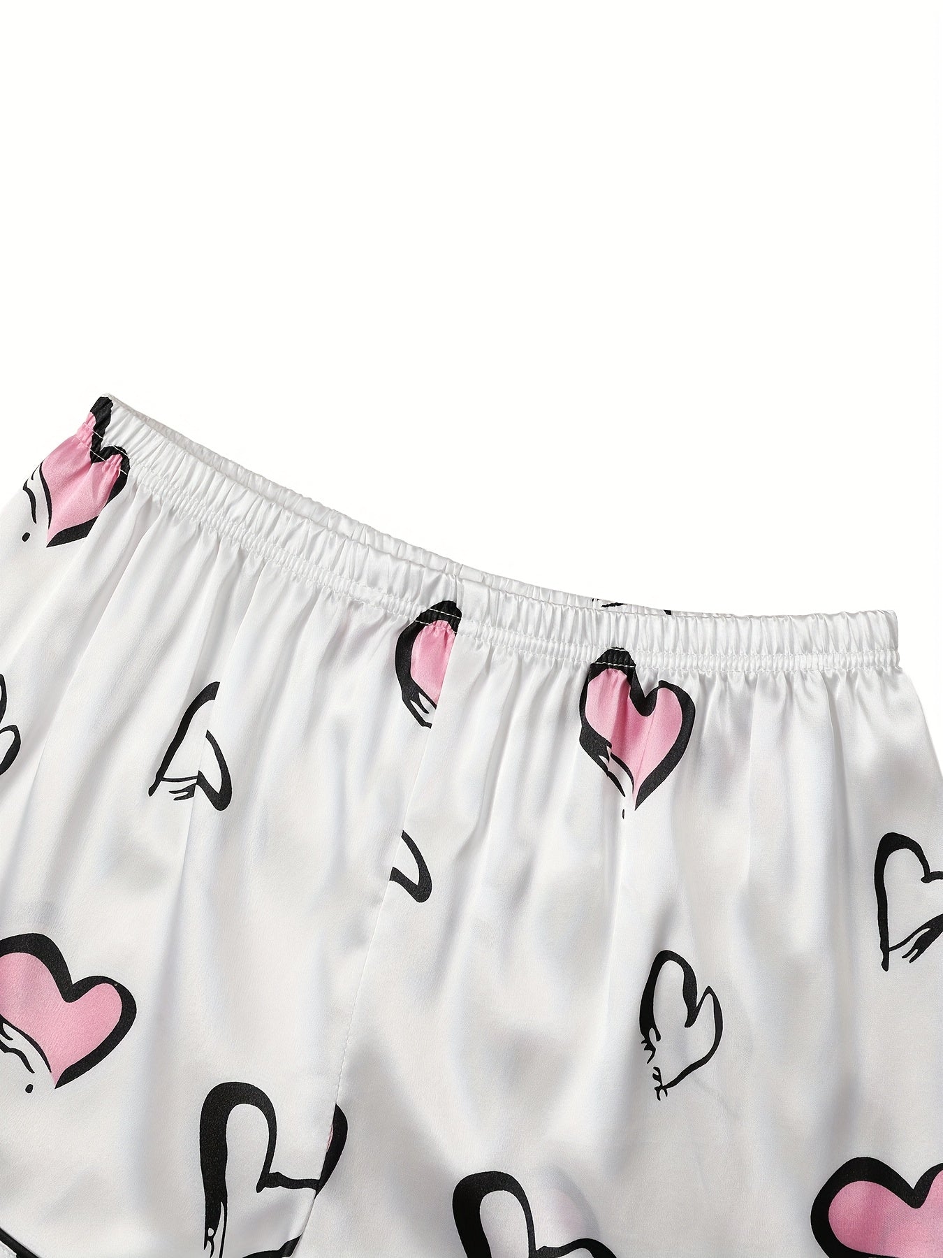 Women’s Satin Printed Heart Nightwear Set – Pack of 2 (Short Sleeve & Shorts Combo)