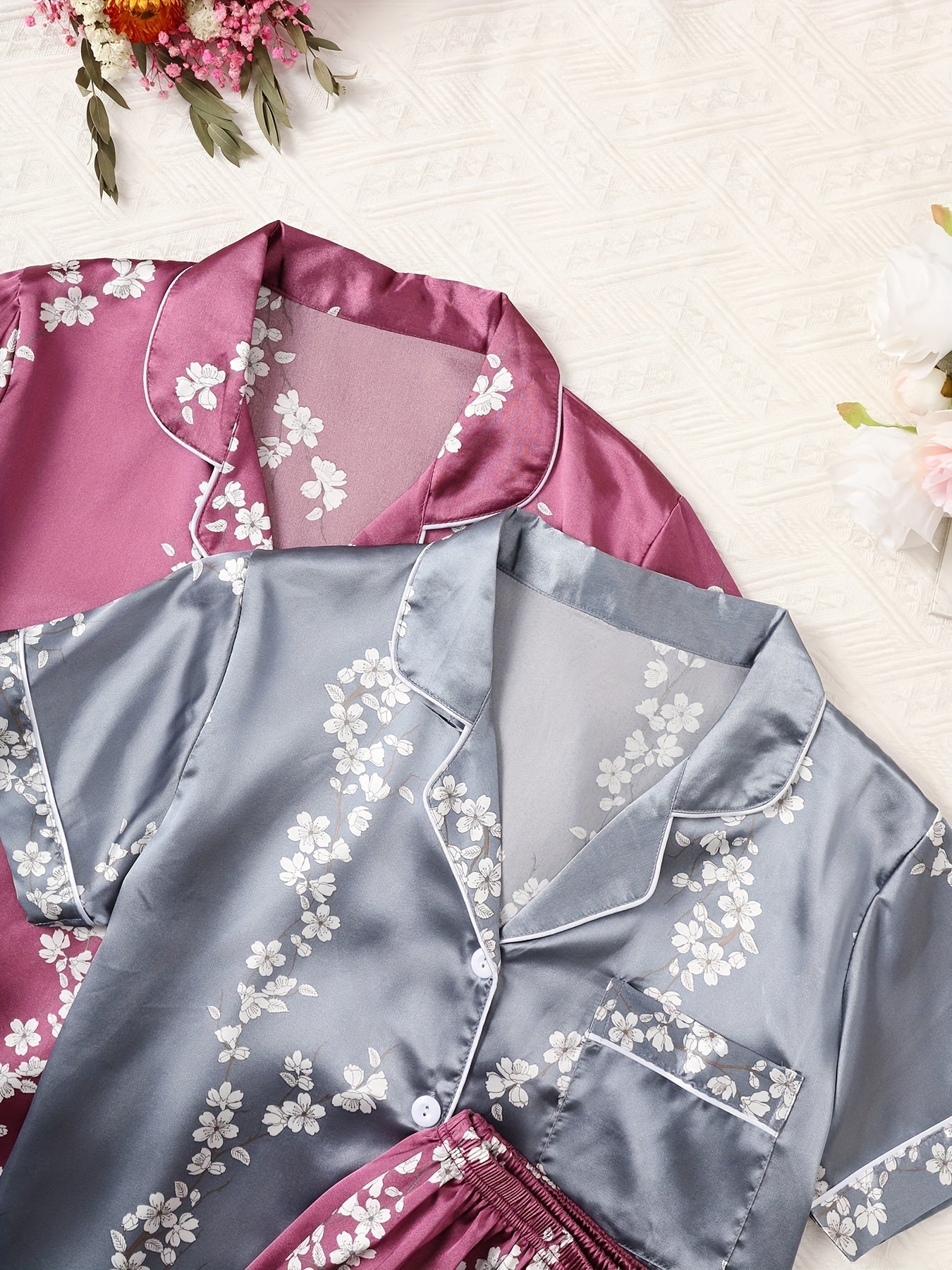 Women’s Satin Floral Night Suit Set – Pack of 2 (Wine & Steel Grey) | Short Sleeve Pajama Combo
