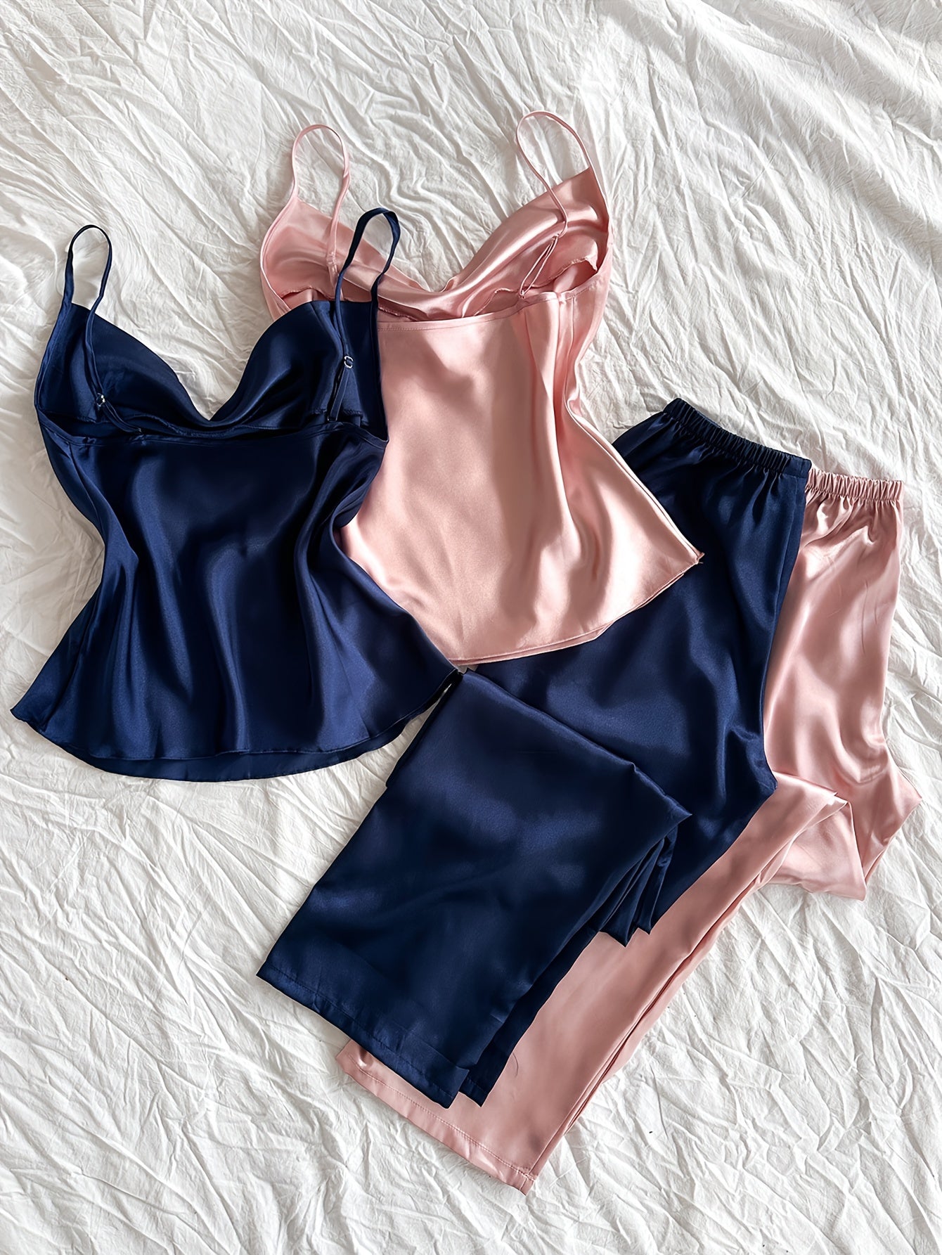 Women's Satin Camisole Nightwear Set – Pack of 2 (Navy Blue & Baby Pink)