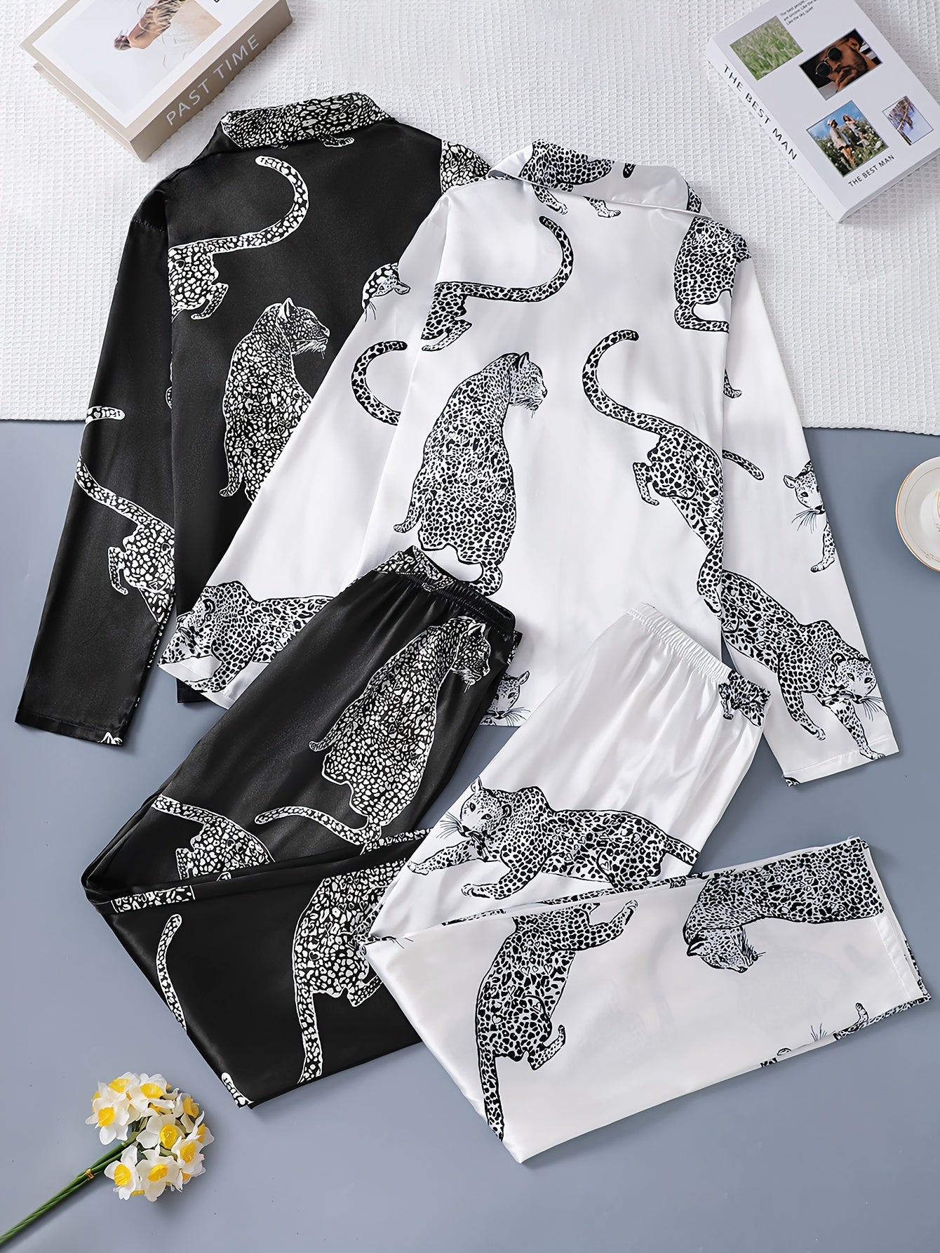 Women’s Premium Satin Night Suit Set – Pack of 2 (Black & White Leopard Print)