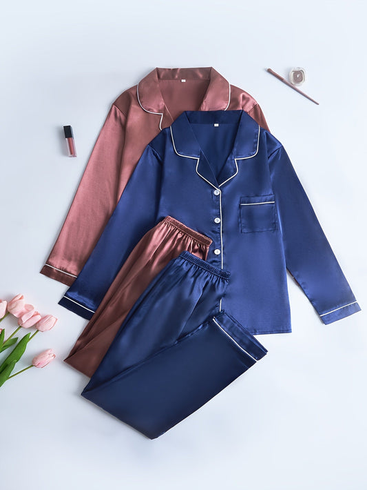 Women’s Premium Satin Night Suit Set – Pack of 2 (Royal Blue & Rose Brown)