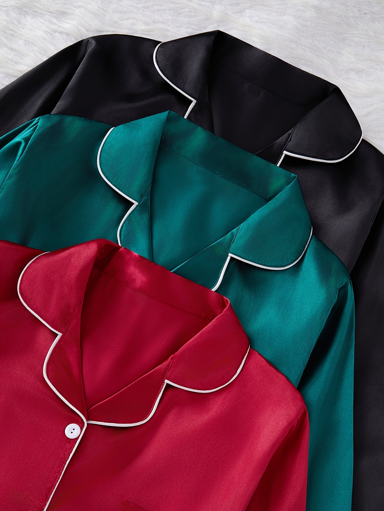 Women’s Premium Satin Night Suit Set – Pack of 3 (Wine Red, Teal Green & Black)