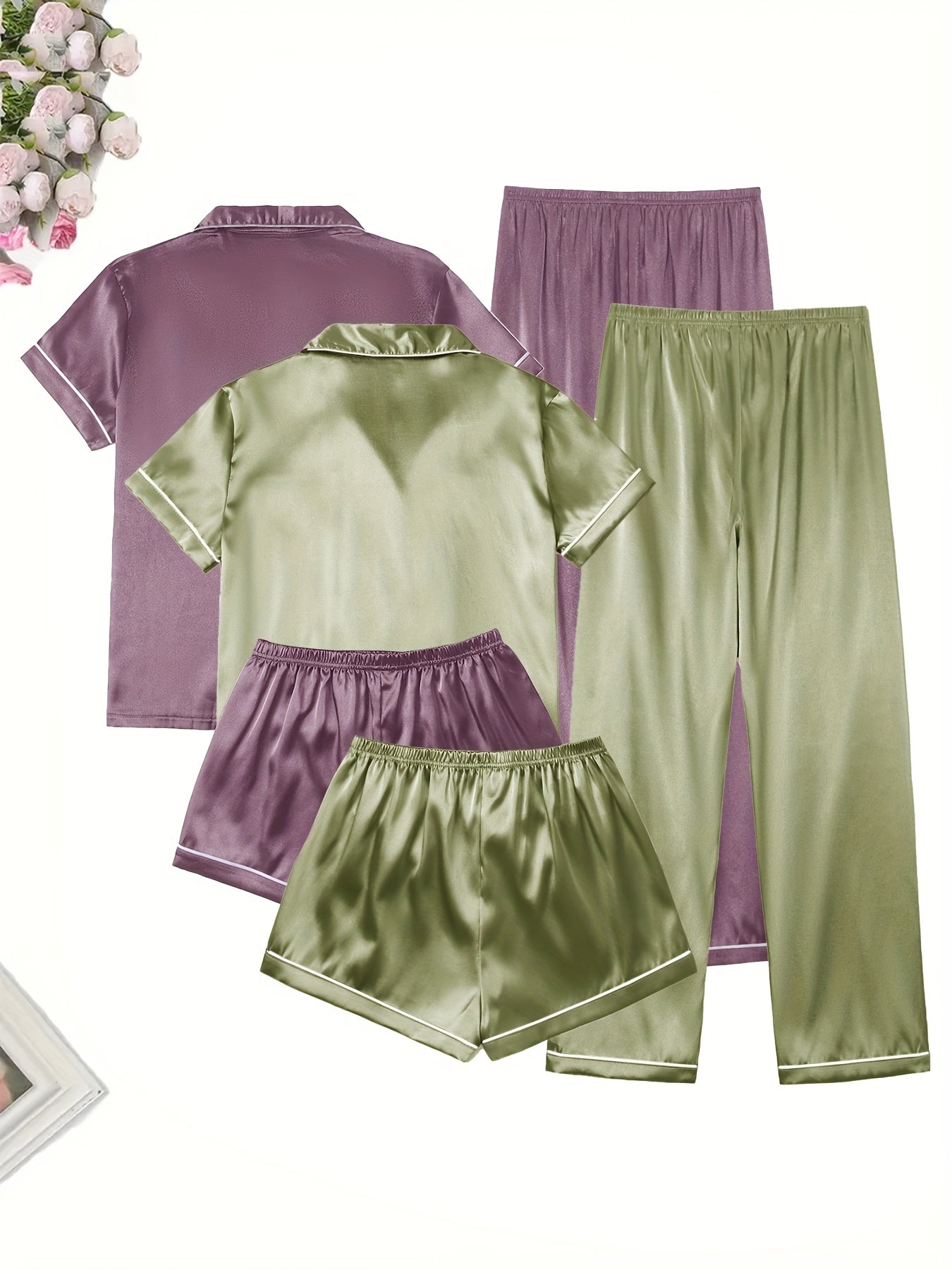 Women’s Satin Nightwear Combo Set – 2 Tops, 2 Shorts & 2 Pajamas (Lavender & Olive Green)