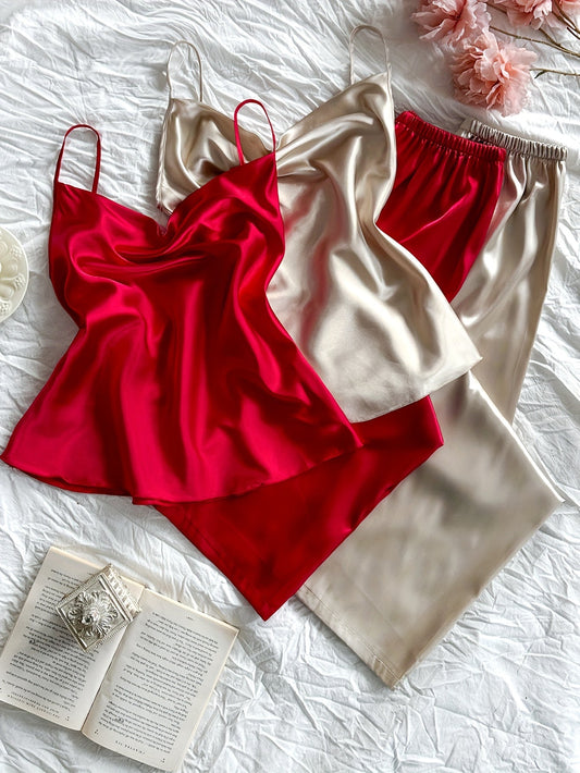 Satin Camisole Nightwear Set for Women – Pack of 2 (Red & Champagne Gold)