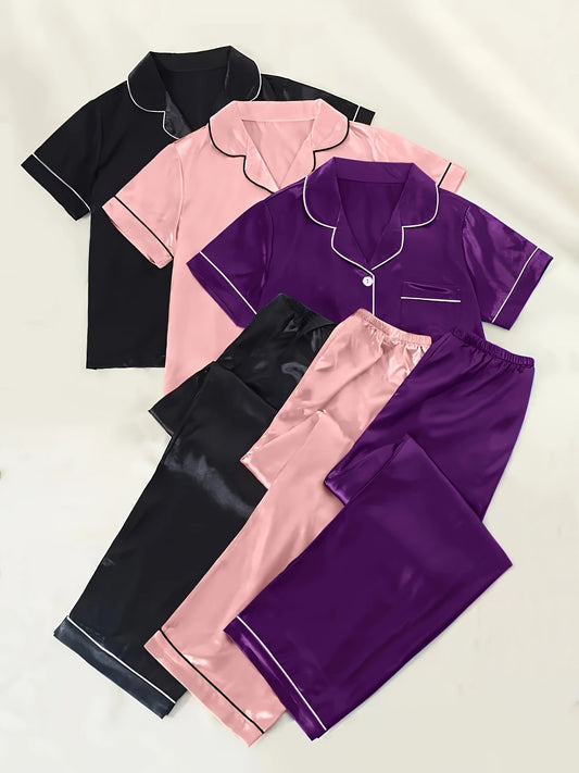 Women’s Satin Short Sleeve Night Suit Set – Pack of 3 (Black, Pink & Purple)