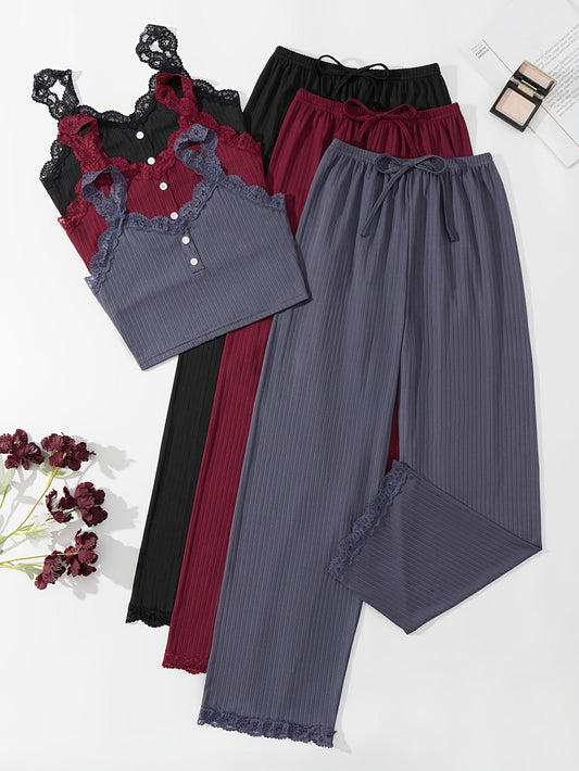 Lace Luxe Ribbed Lounge Co-ord Set (Combo of 3)