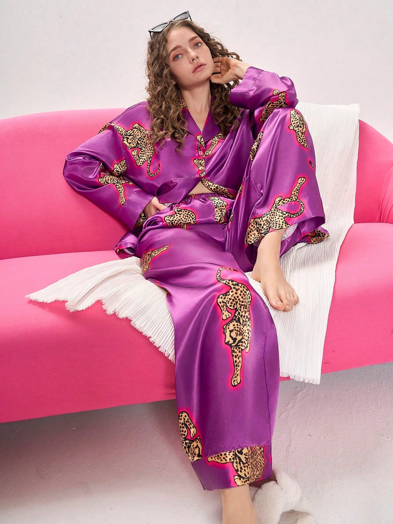 Violet Leopard Satin Pajama Set