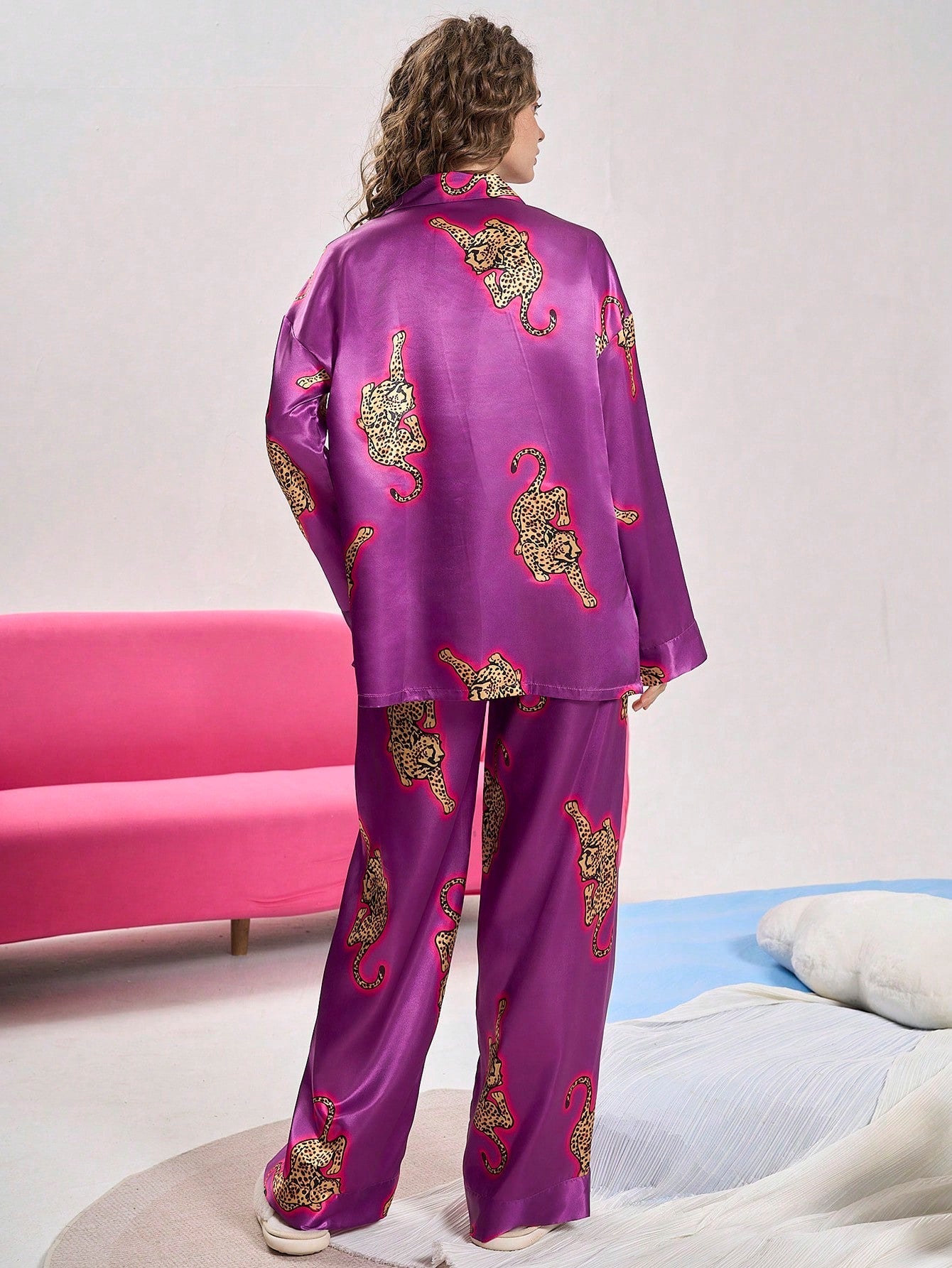 Violet Leopard Satin Pajama Set