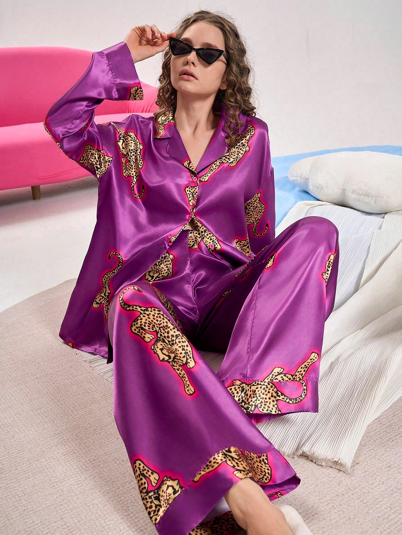 Violet Leopard Satin Pajama Set