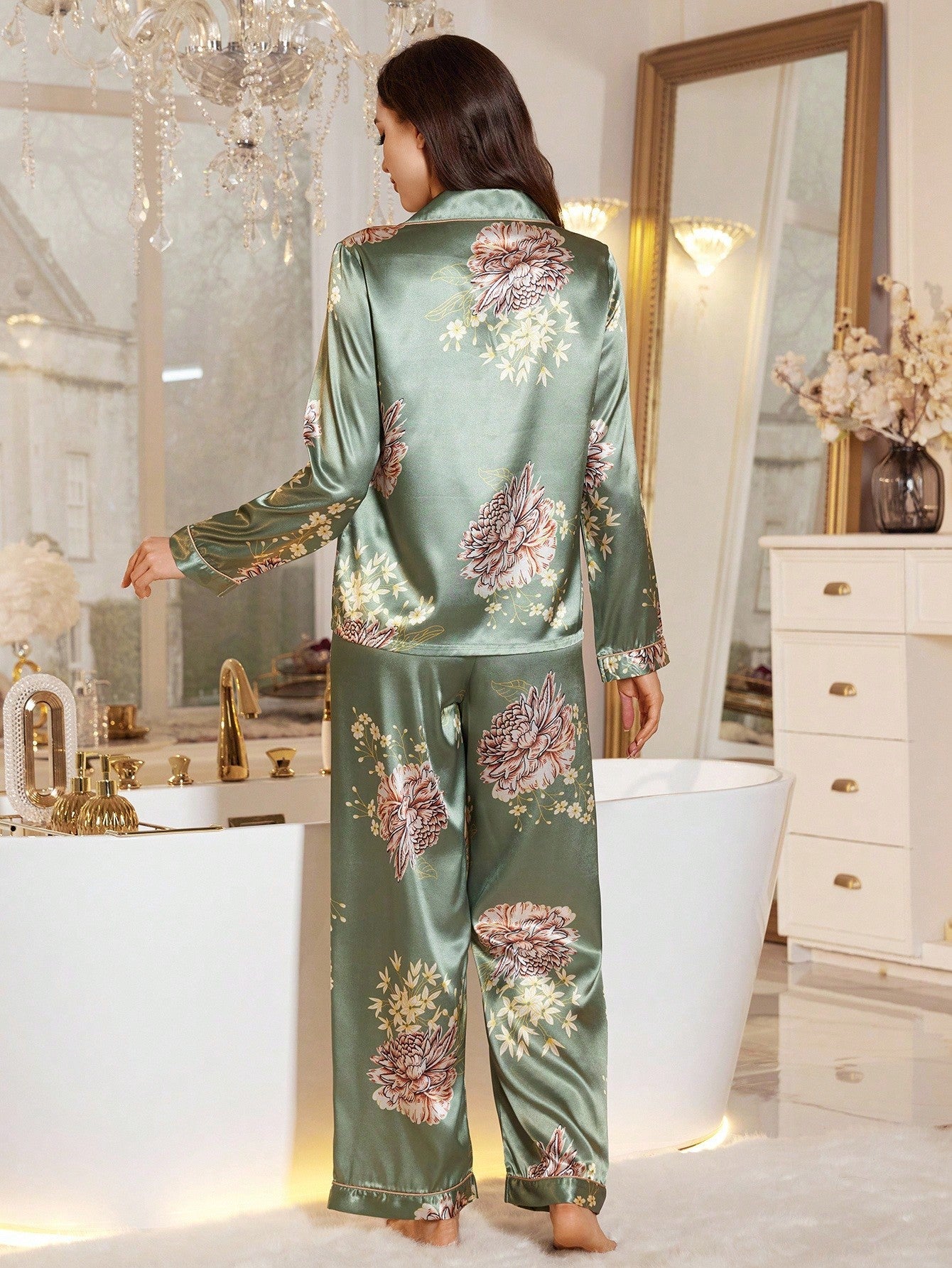 Emerald Bloom Satin Pajama Set
