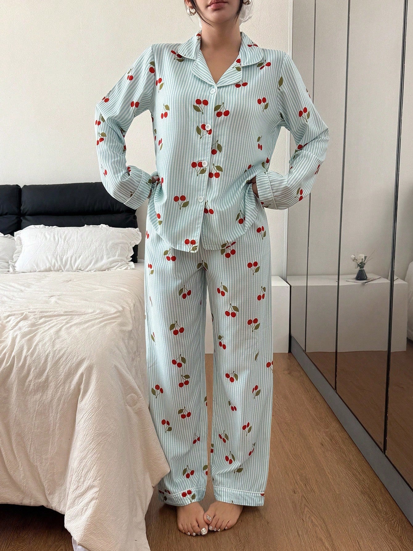 Mint Cherry Stripe Pajama Set