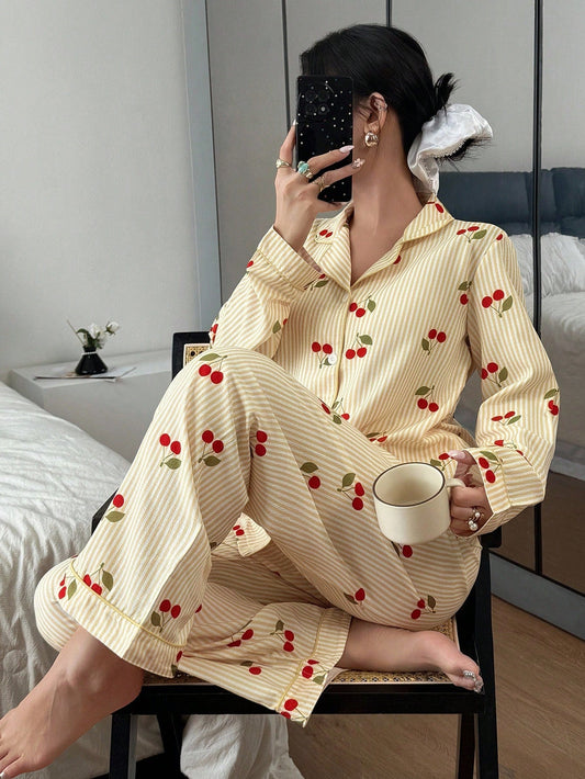 Golden Cherry Stripe Pajama Set
