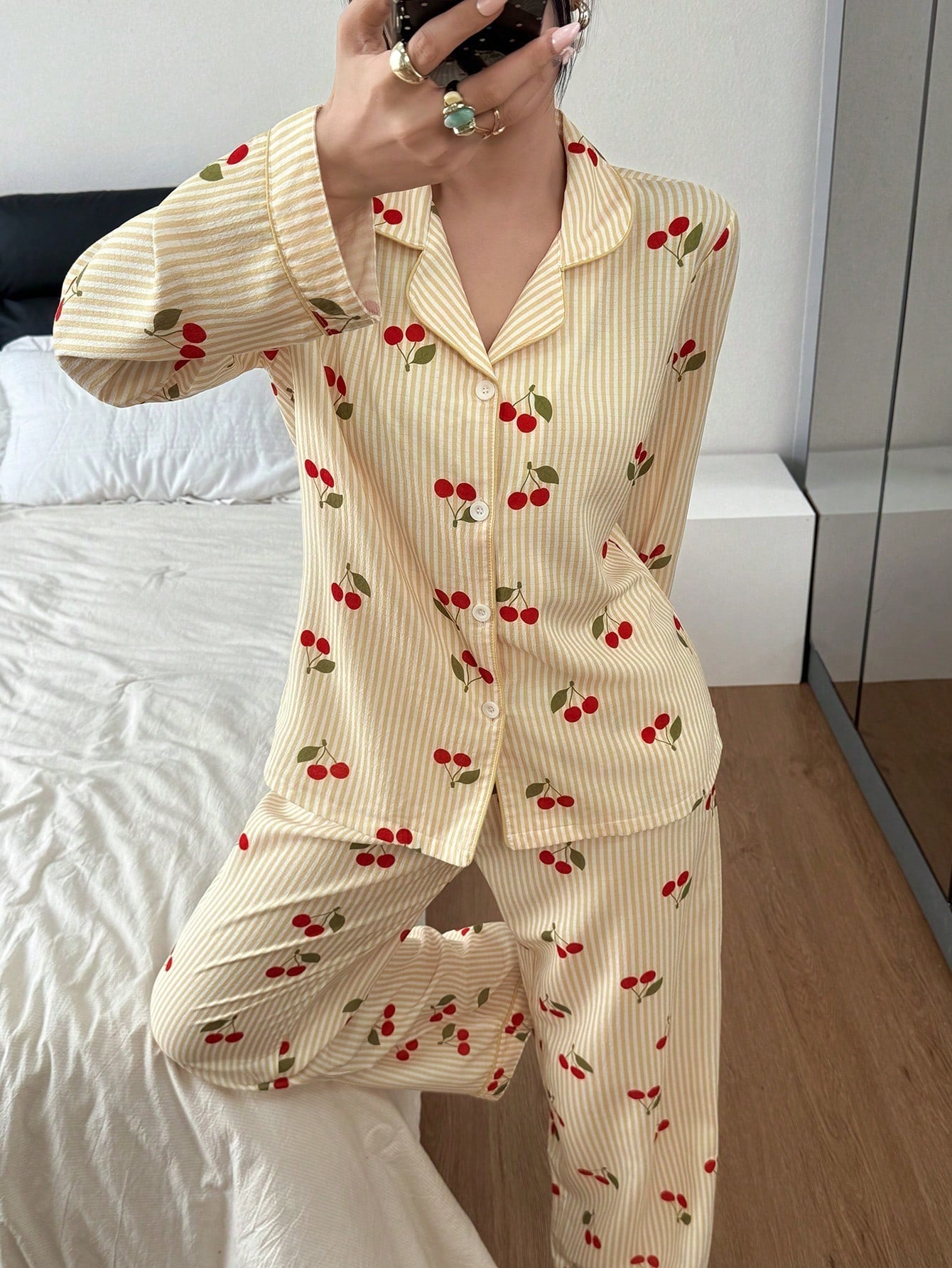 Golden Cherry Stripe Pajama Set