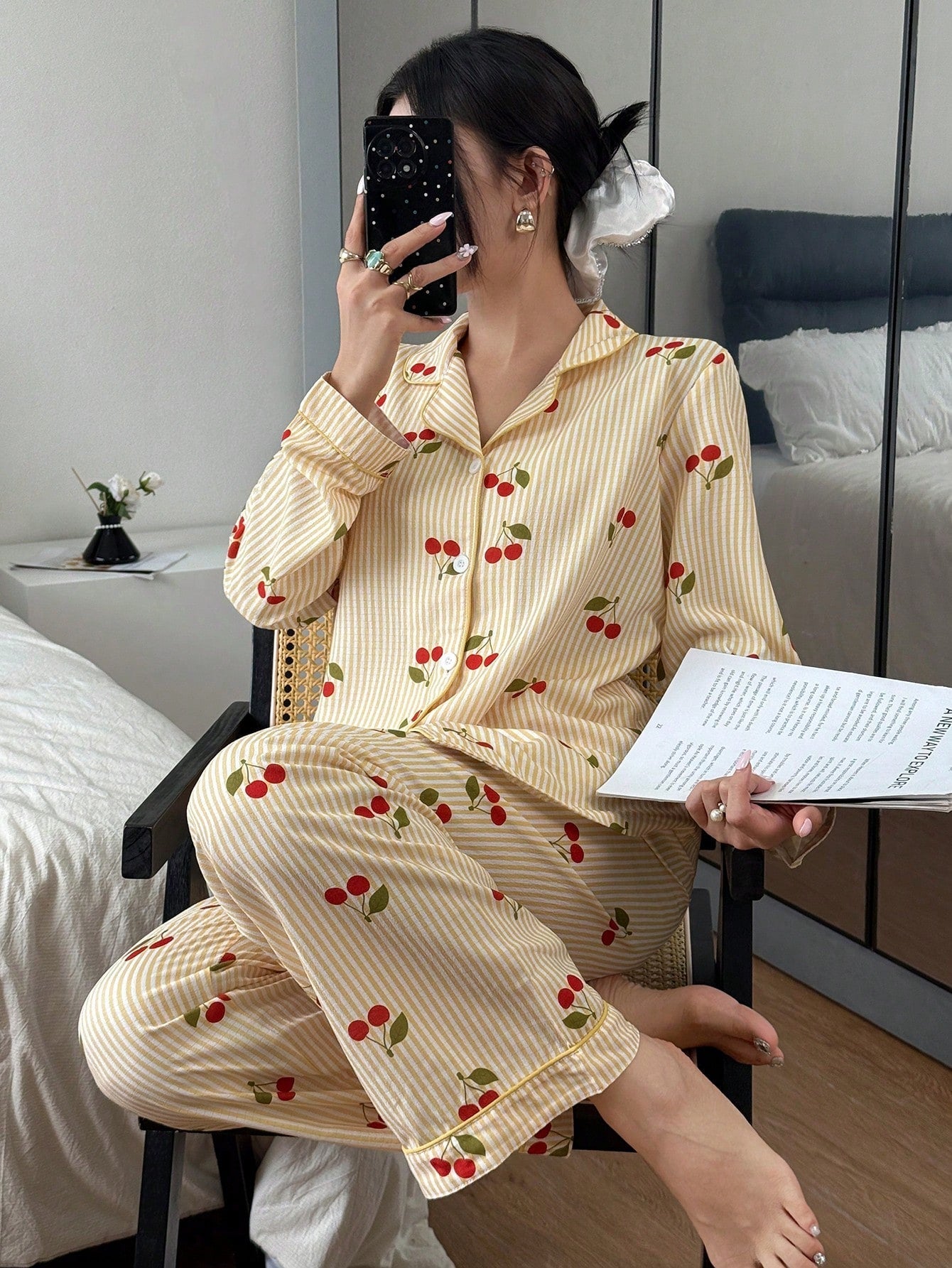 Golden Cherry Stripe Pajama Set