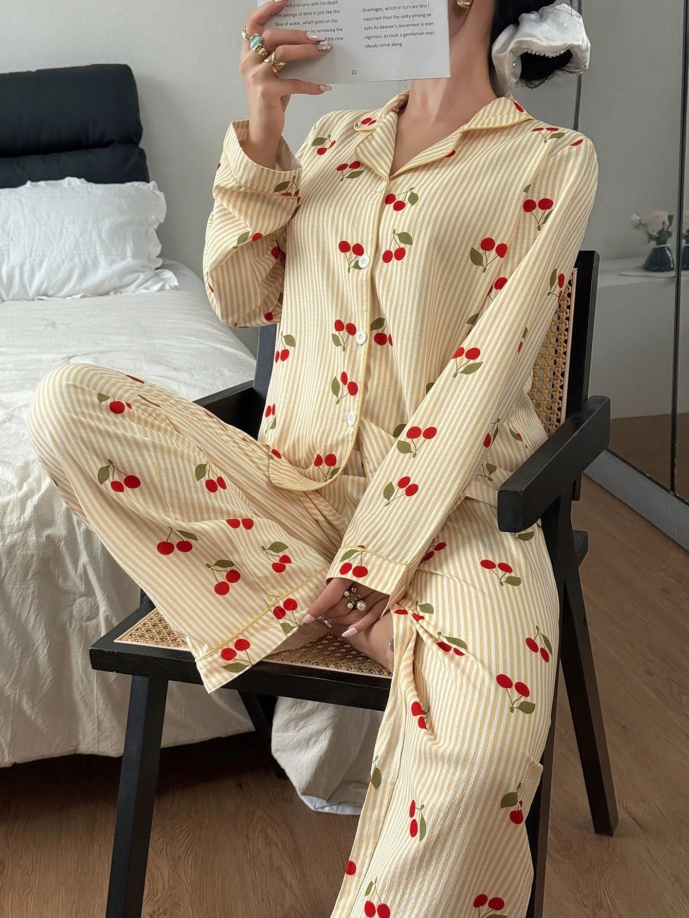 Golden Cherry Stripe Pajama Set