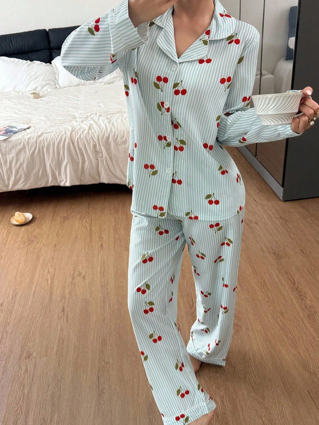 Mint Cherry Stripe Pajama Set