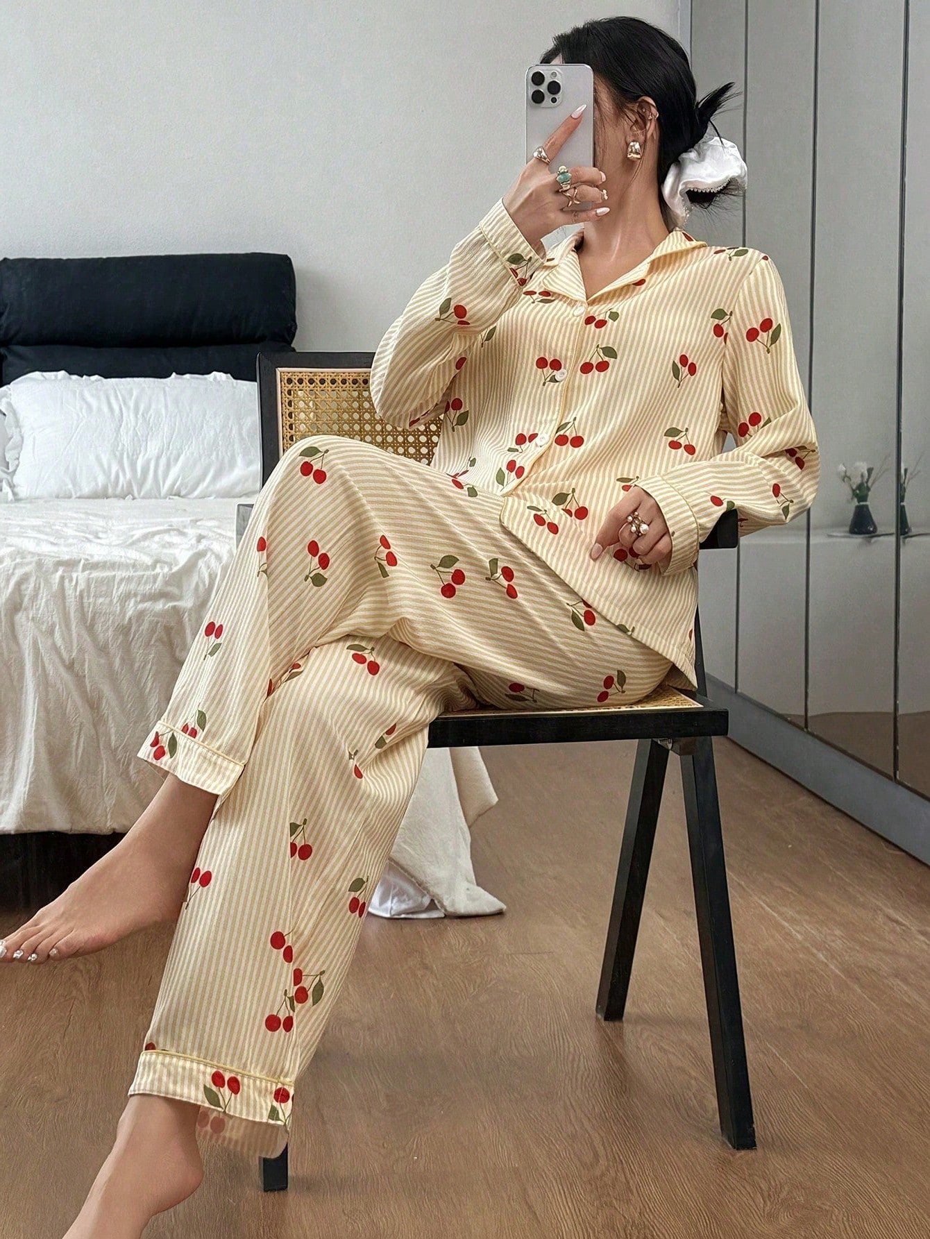 Golden Cherry Stripe Pajama Set