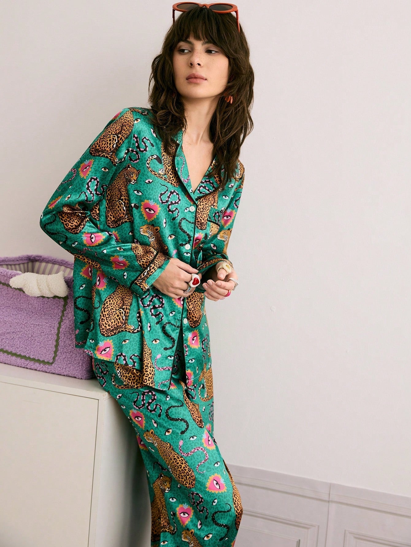 Emerald Jungle Leopard Satin Pajama Set