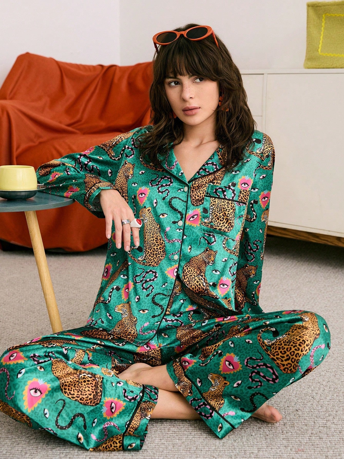 Emerald Jungle Leopard Satin Pajama Set