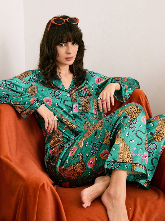 Emerald Jungle Leopard Satin Pajama Set