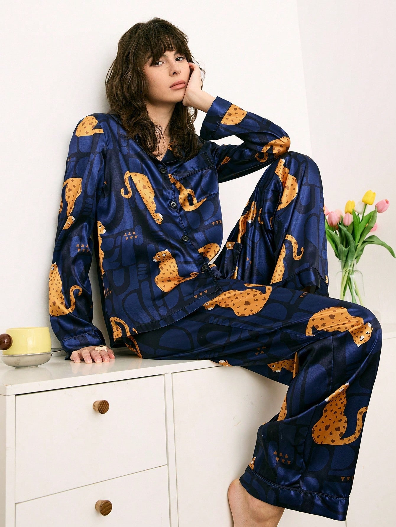 Midnight Cheetah Satin Pajama Set