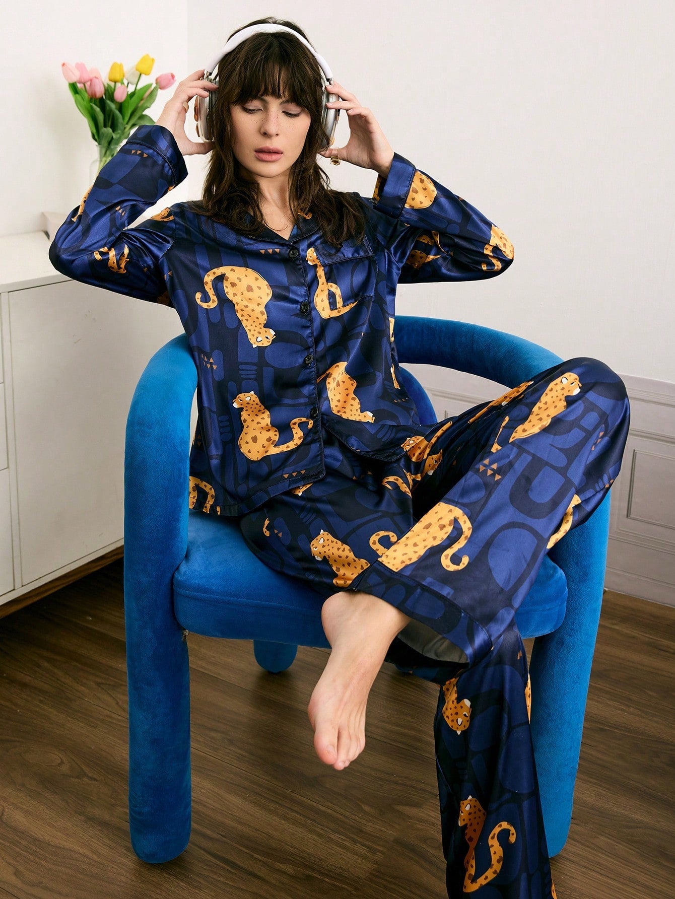 Midnight Cheetah Satin Pajama Set